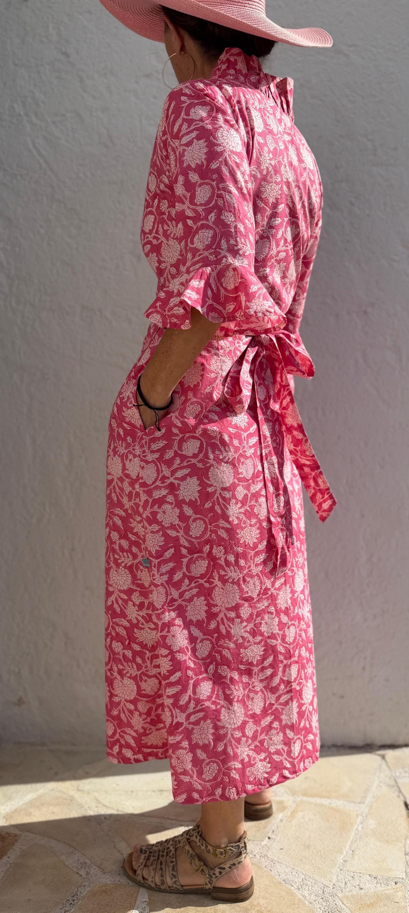 long wrap dress in cotton,pink floral print,ruffled collar,3/4 sleeves with ruffles,kimono shape,hippie chic dress,wedding outfit