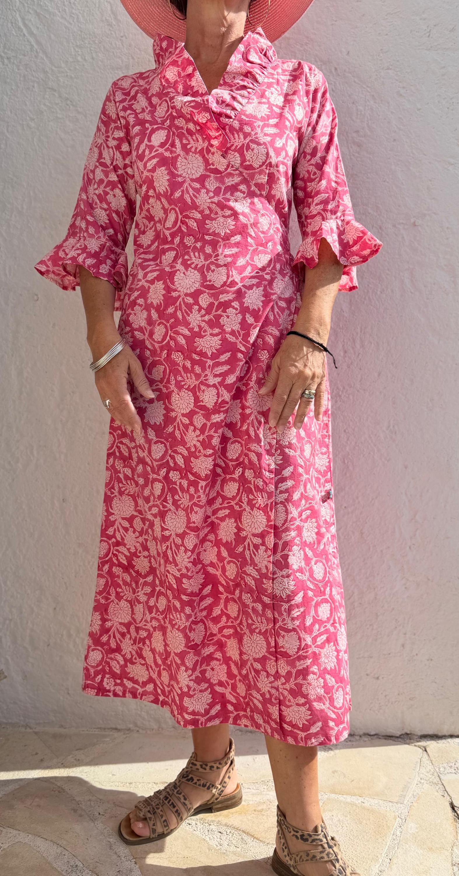 long wrap dress in cotton,pink floral print,ruffled collar,3/4 sleeves with ruffles,kimono shape,hippie chic dress,wedding outfit