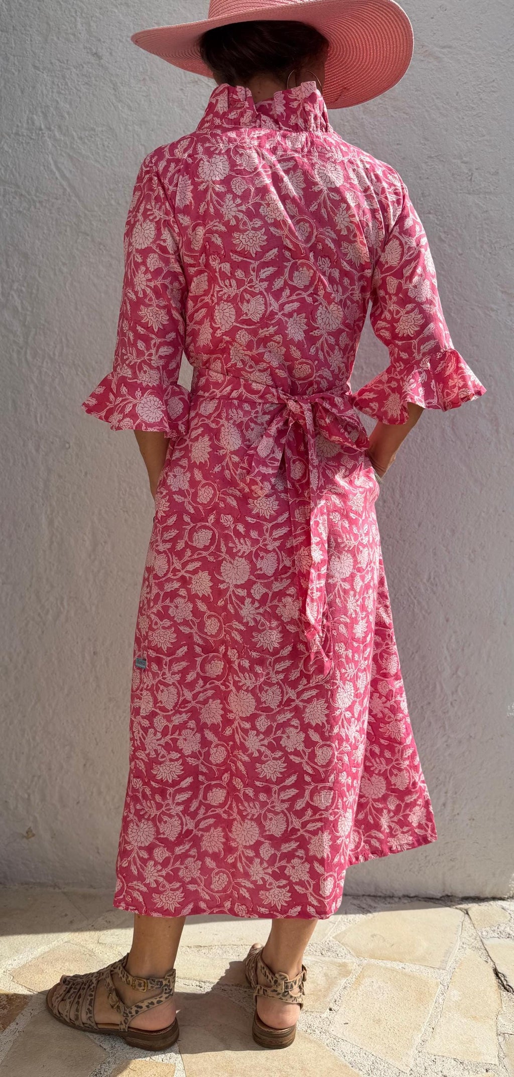 long wrap dress in cotton,pink floral print,ruffled collar,3/4 sleeves with ruffles,kimono shape,hippie chic dress,wedding outfit