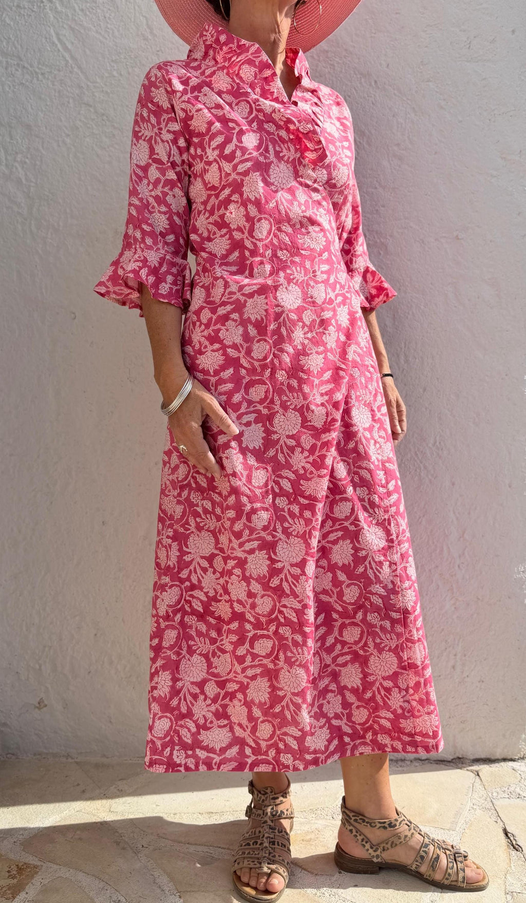 long wrap dress in cotton,pink floral print,ruffled collar,3/4 sleeves with ruffles,kimono shape,hippie chic dress,wedding outfit