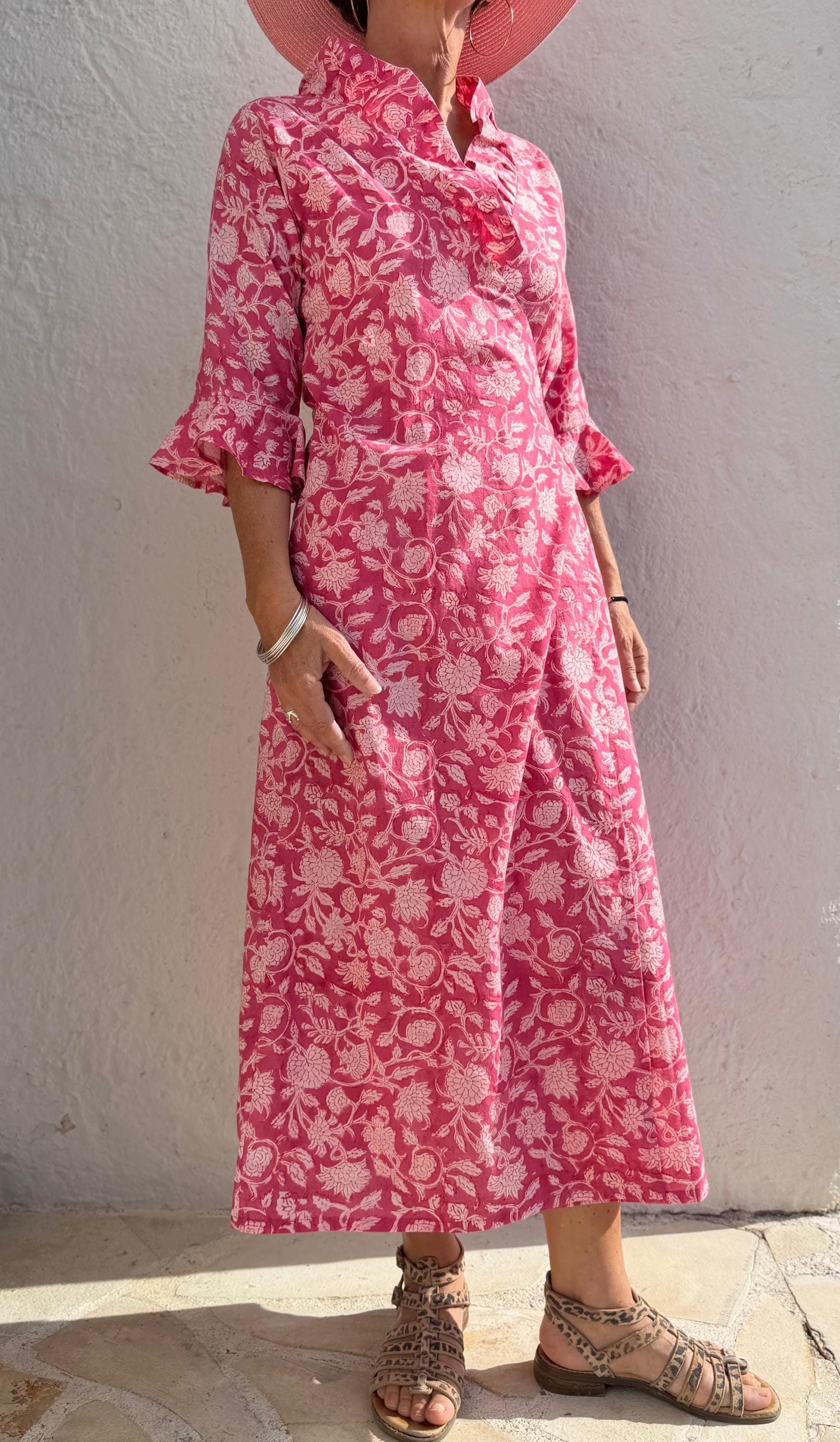 long wrap dress in cotton,pink floral print,ruffled collar,3/4 sleeves with ruffles,kimono shape,hippie chic dress,wedding outfit