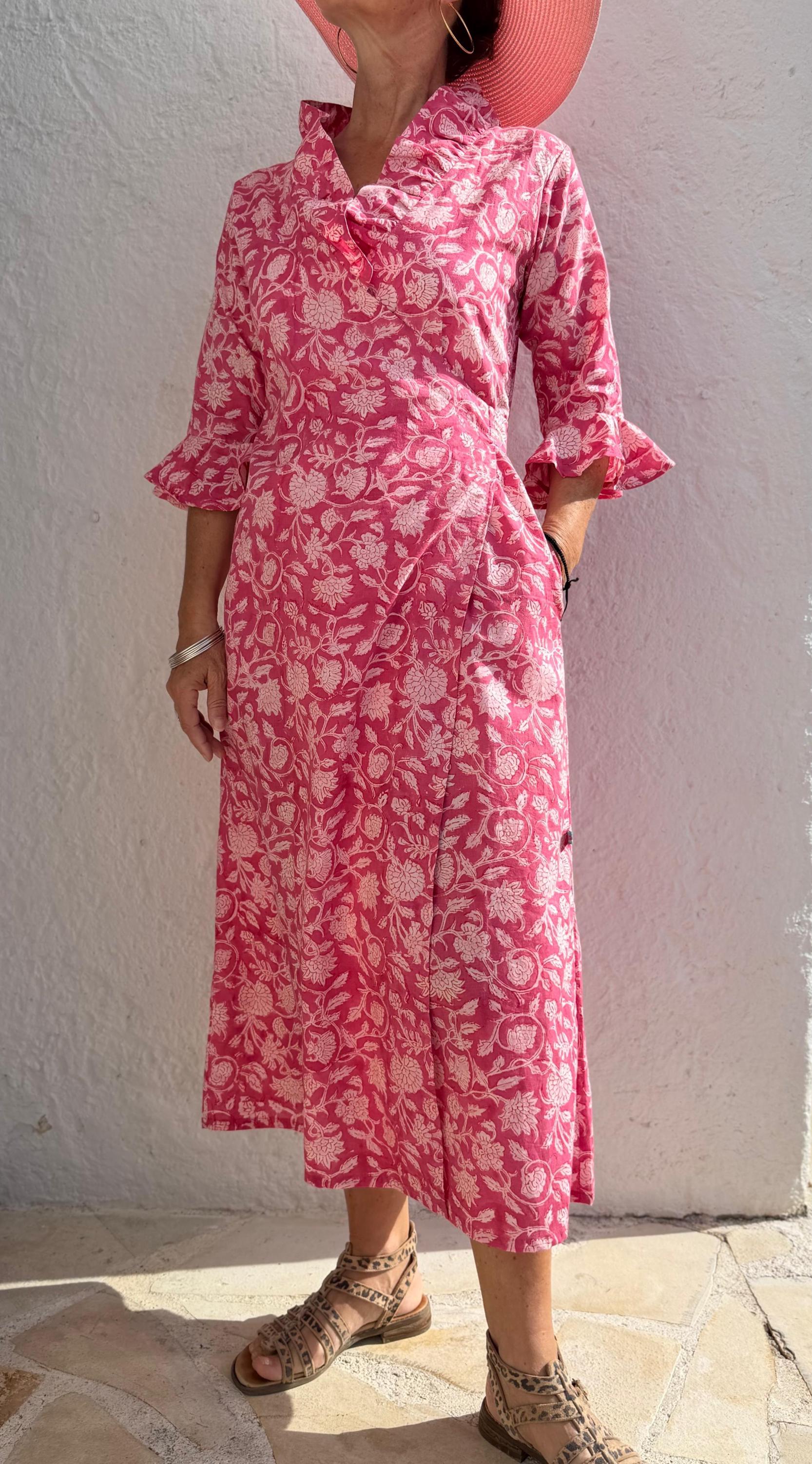long wrap dress in cotton,pink floral print,ruffled collar,3/4 sleeves with ruffles,kimono shape,hippie chic dress,wedding outfit