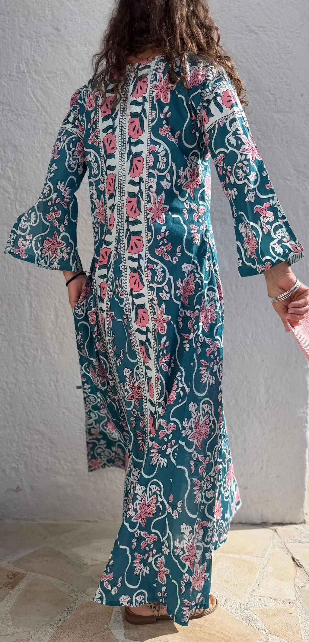 long kaftan in soft cotton,teal color,light pink flowers,summer boho chic dress,beach wear