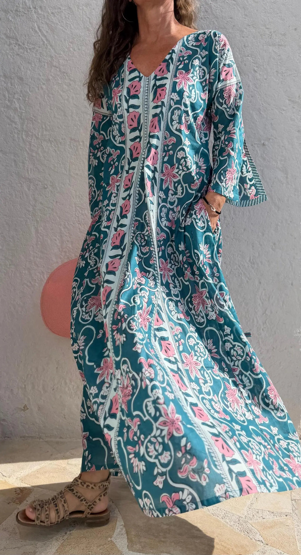 long kaftan in soft cotton,teal color,light pink flowers,summer boho chic dress,beach wear