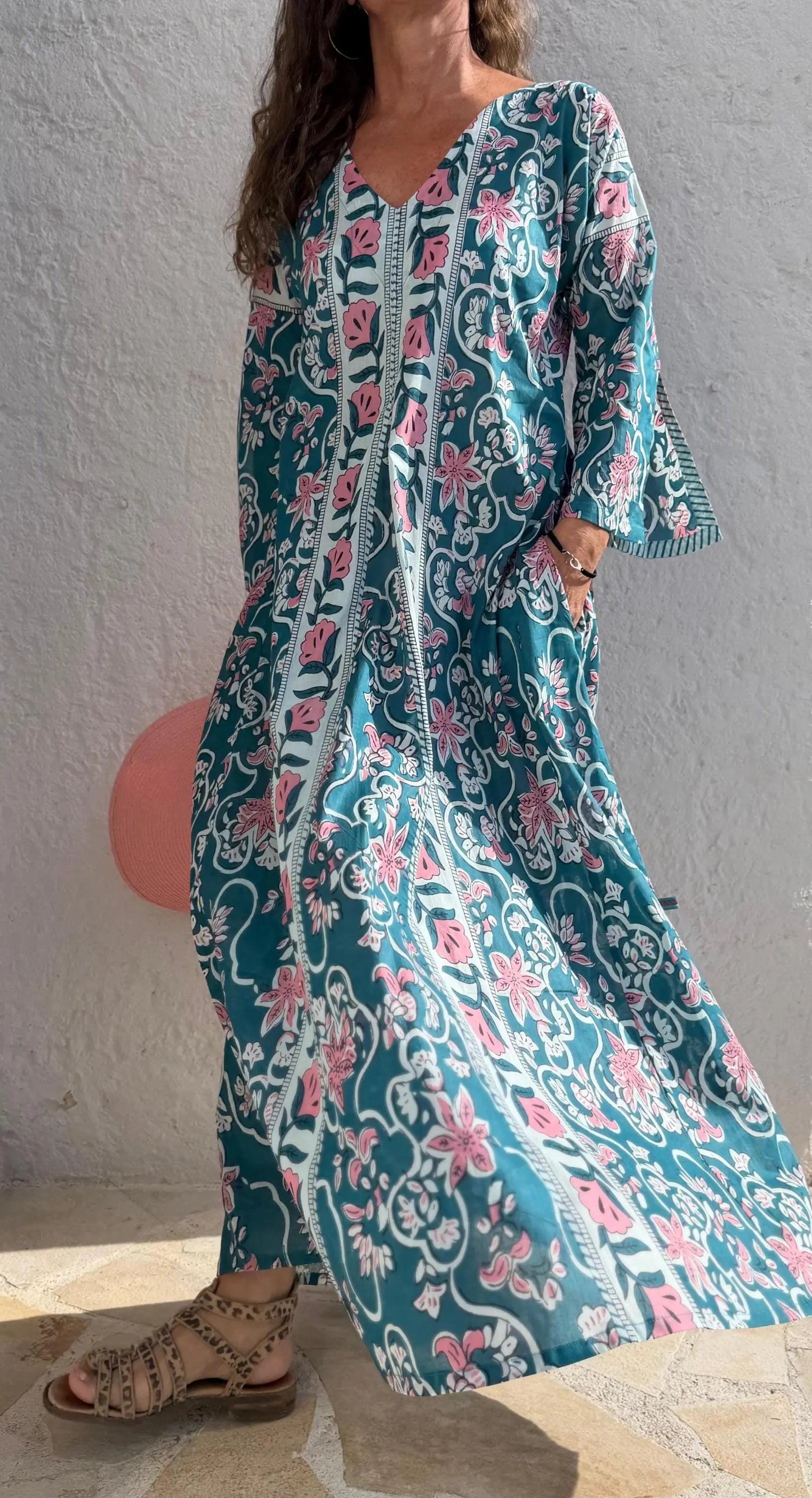 long kaftan in soft cotton,teal color,light pink flowers,summer boho chic dress,beach wear