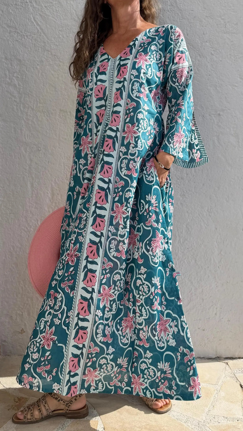 long kaftan in soft cotton,teal color,light pink flowers,summer boho chic dress,beach wear