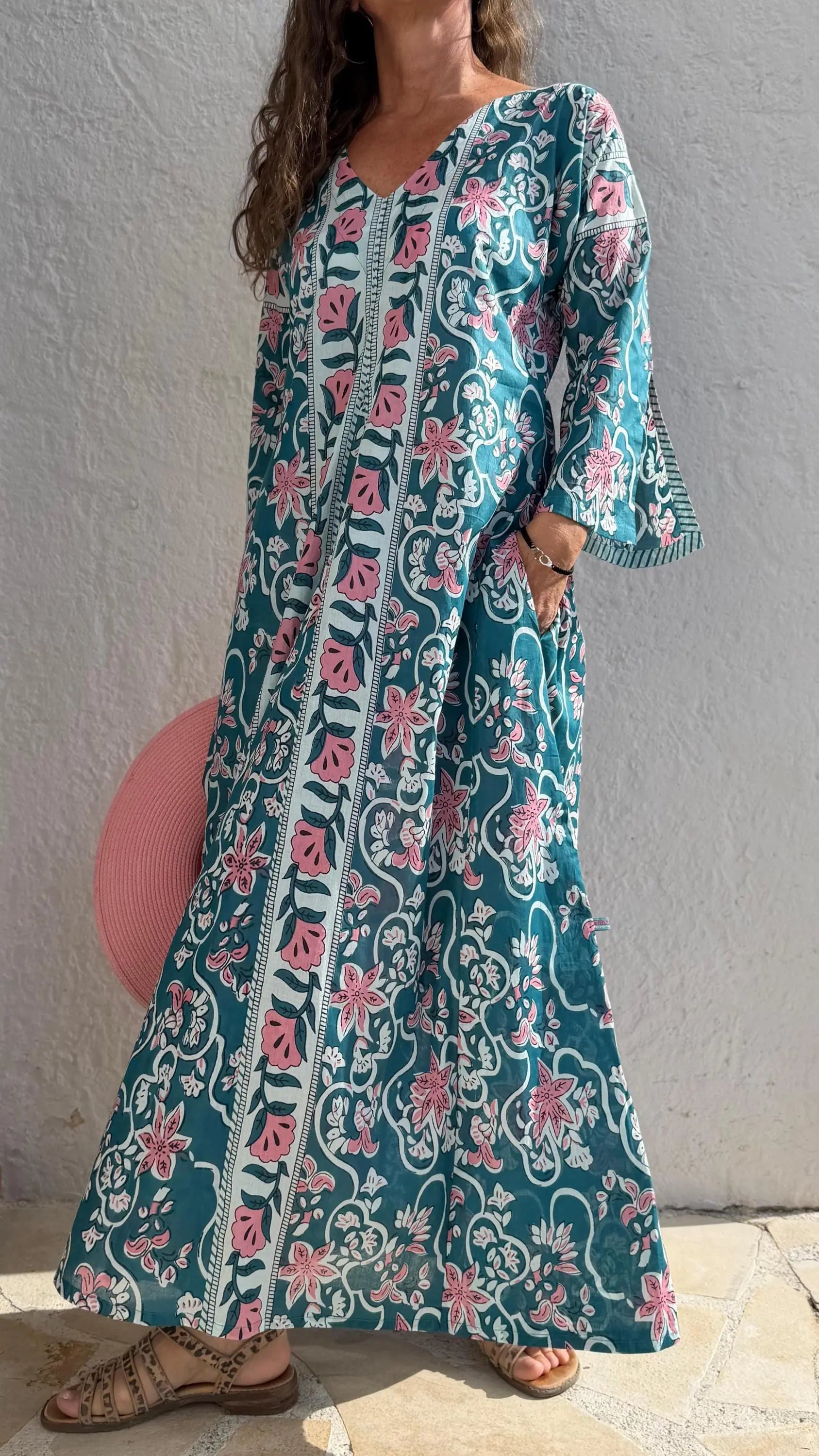 long kaftan in soft cotton,teal color,light pink flowers,summer boho chic dress,beach wear