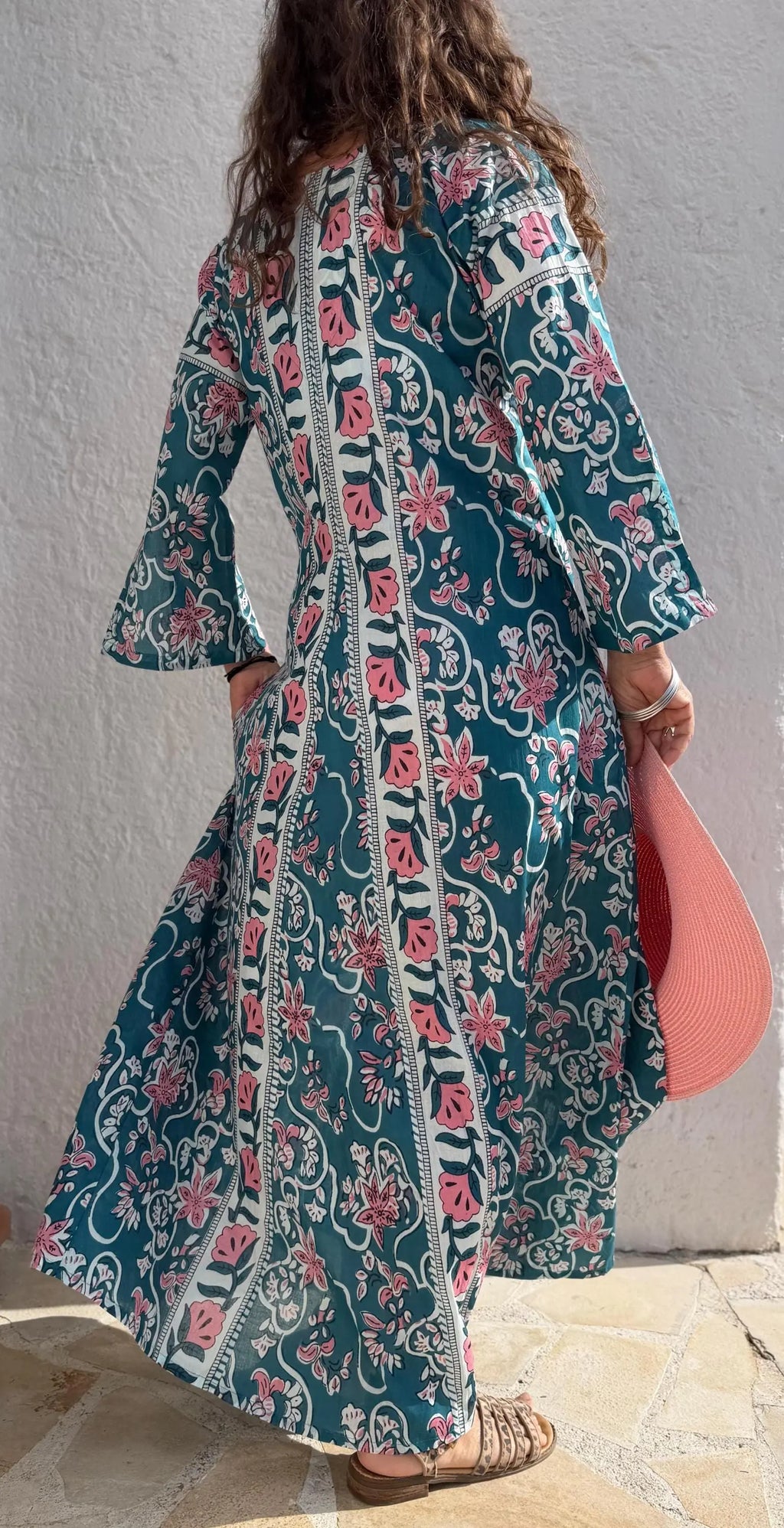 long kaftan in soft cotton,teal color,light pink flowers,summer boho chic dress,beach wear