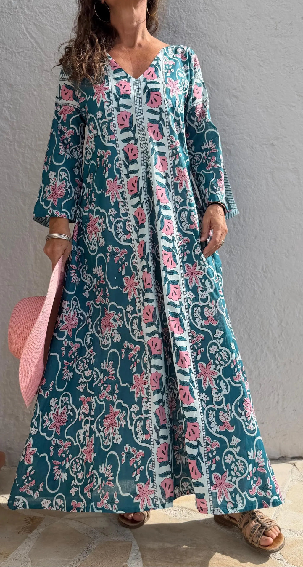 long kaftan in soft cotton,teal color,light pink flowers,summer boho chic dress,beach wear