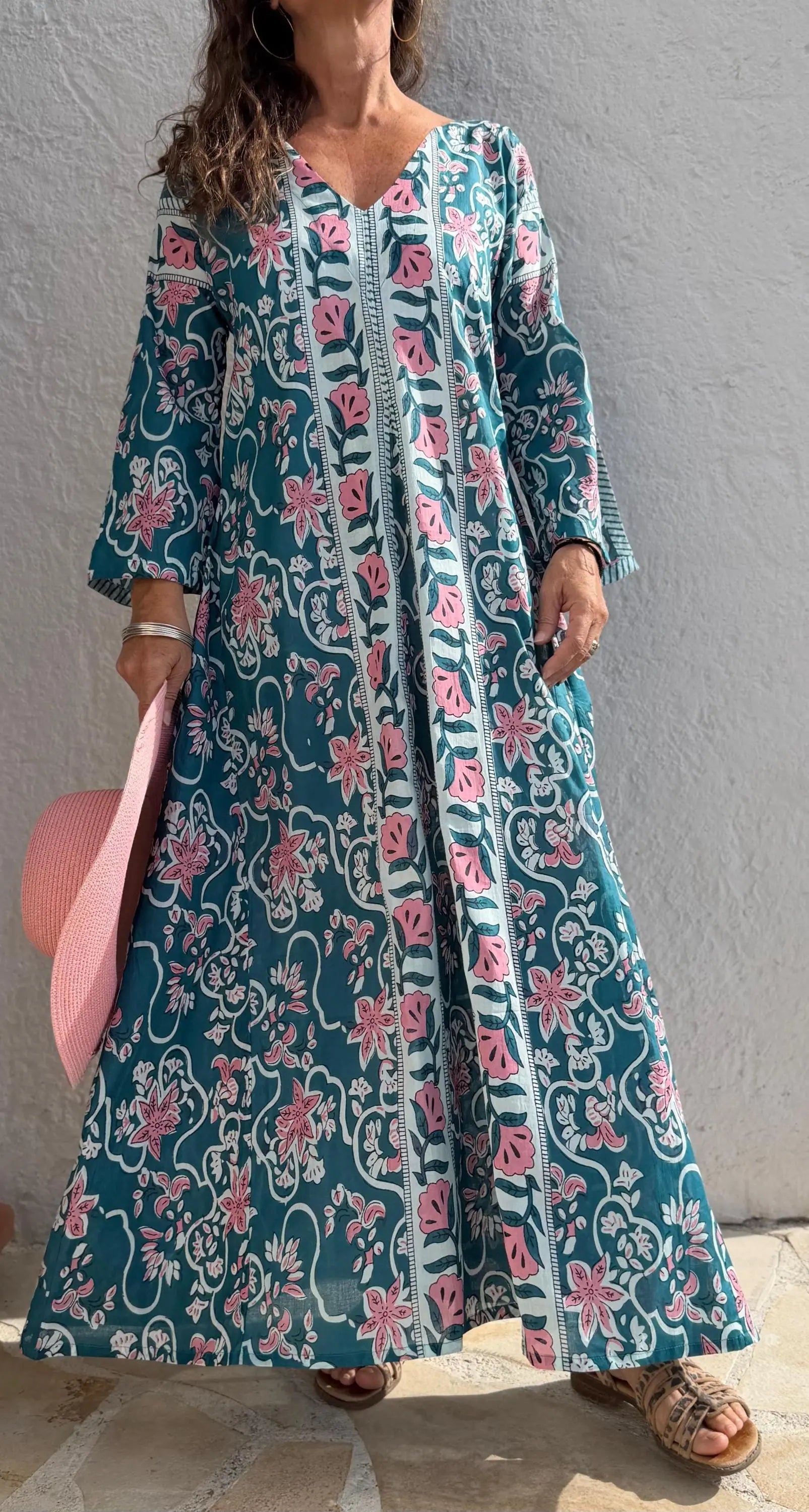 long kaftan in soft cotton,teal color,light pink flowers,summer boho chic dress,beach wear