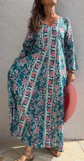 long kaftan in soft cotton,teal color,light pink flowers,summer boho chic dress,beach wear