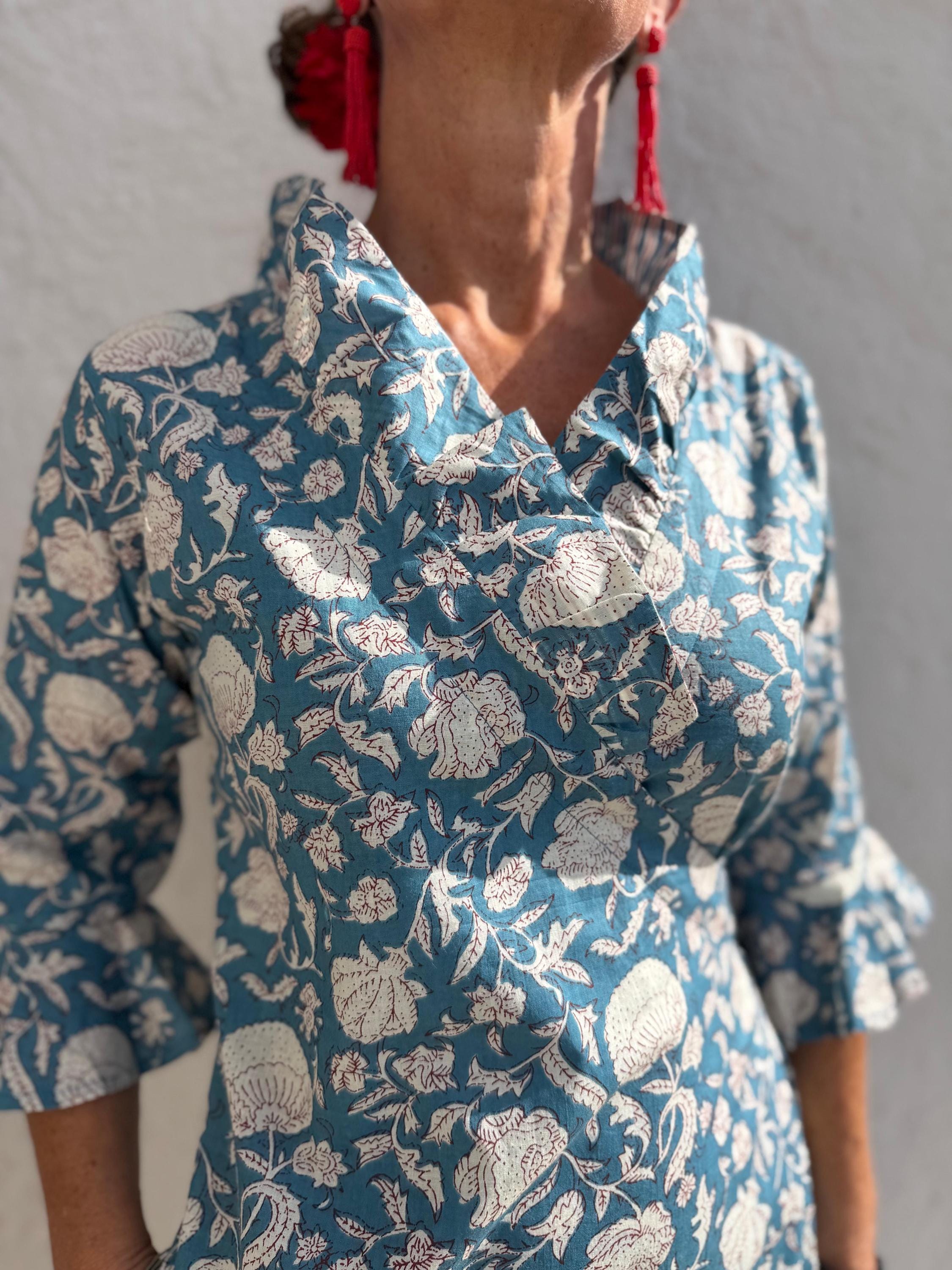 long wrap dress bluegrey color,floral pattern,ruffled collar,3/4 sleeves,boho chic,wedding outfit
