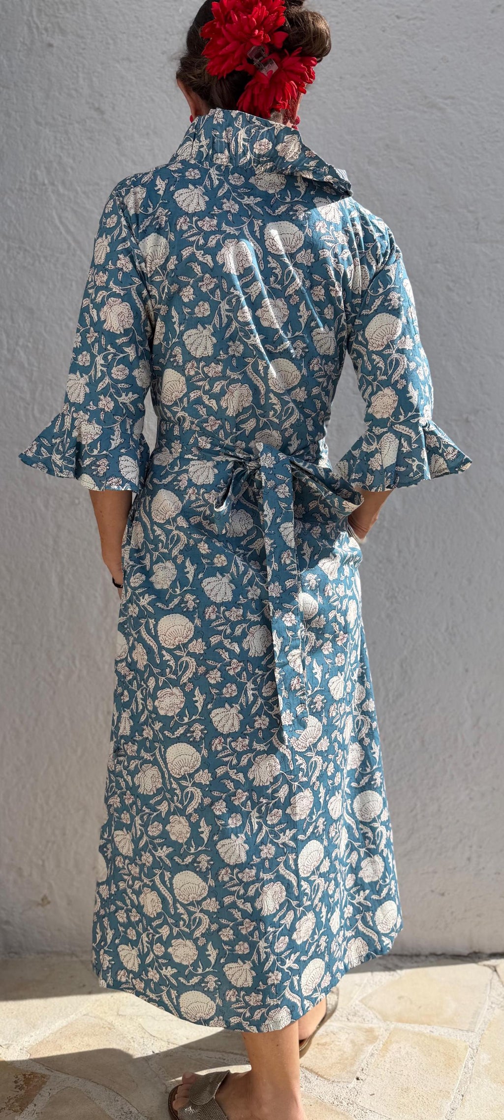 long wrap dress bluegrey color,floral pattern,ruffled collar,3/4 sleeves,boho chic,wedding outfit
