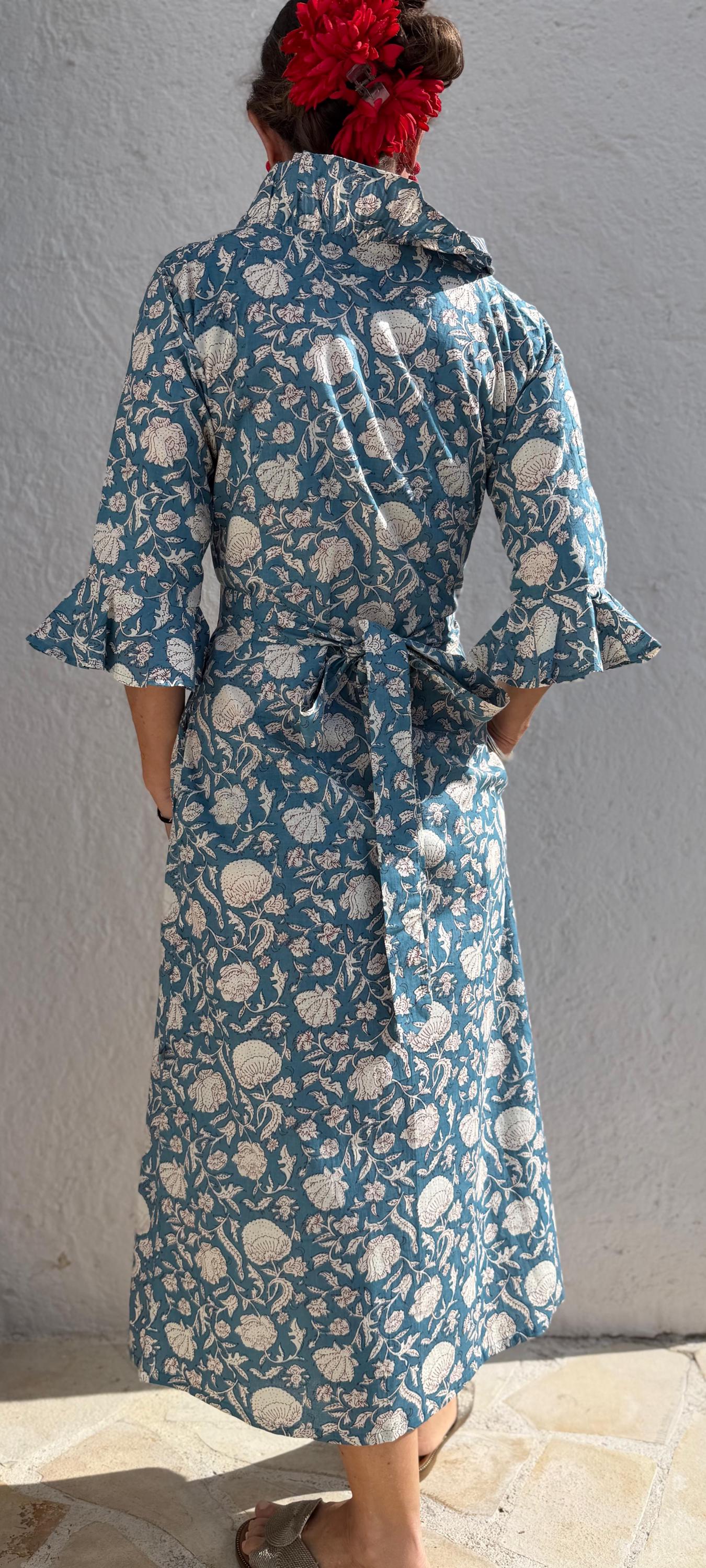 long wrap dress bluegrey color,floral pattern,ruffled collar,3/4 sleeves,boho chic,wedding outfit
