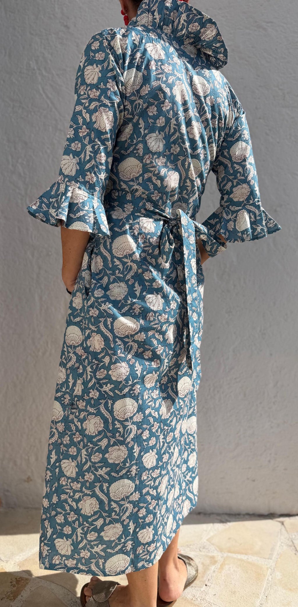 long wrap dress bluegrey color,floral pattern,ruffled collar,3/4 sleeves,boho chic,wedding outfit