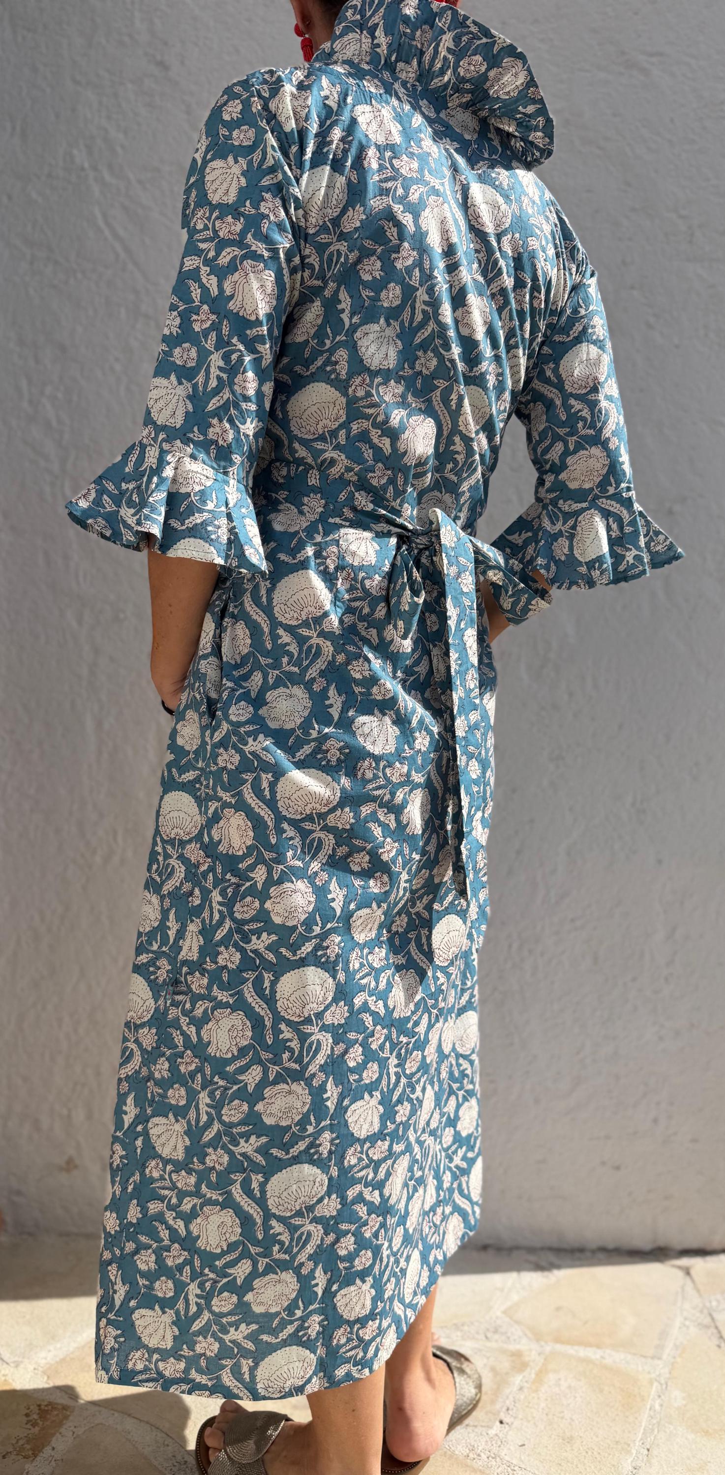 long wrap dress bluegrey color,floral pattern,ruffled collar,3/4 sleeves,boho chic,wedding outfit
