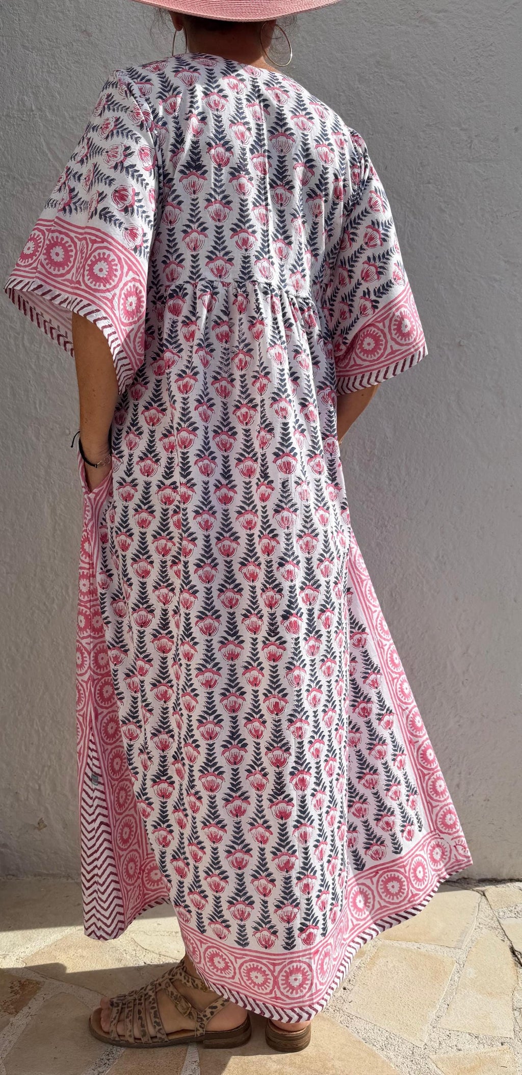 Oversized Soft Cotton Dress – Navy Blue Hand Block Print with Pink Border