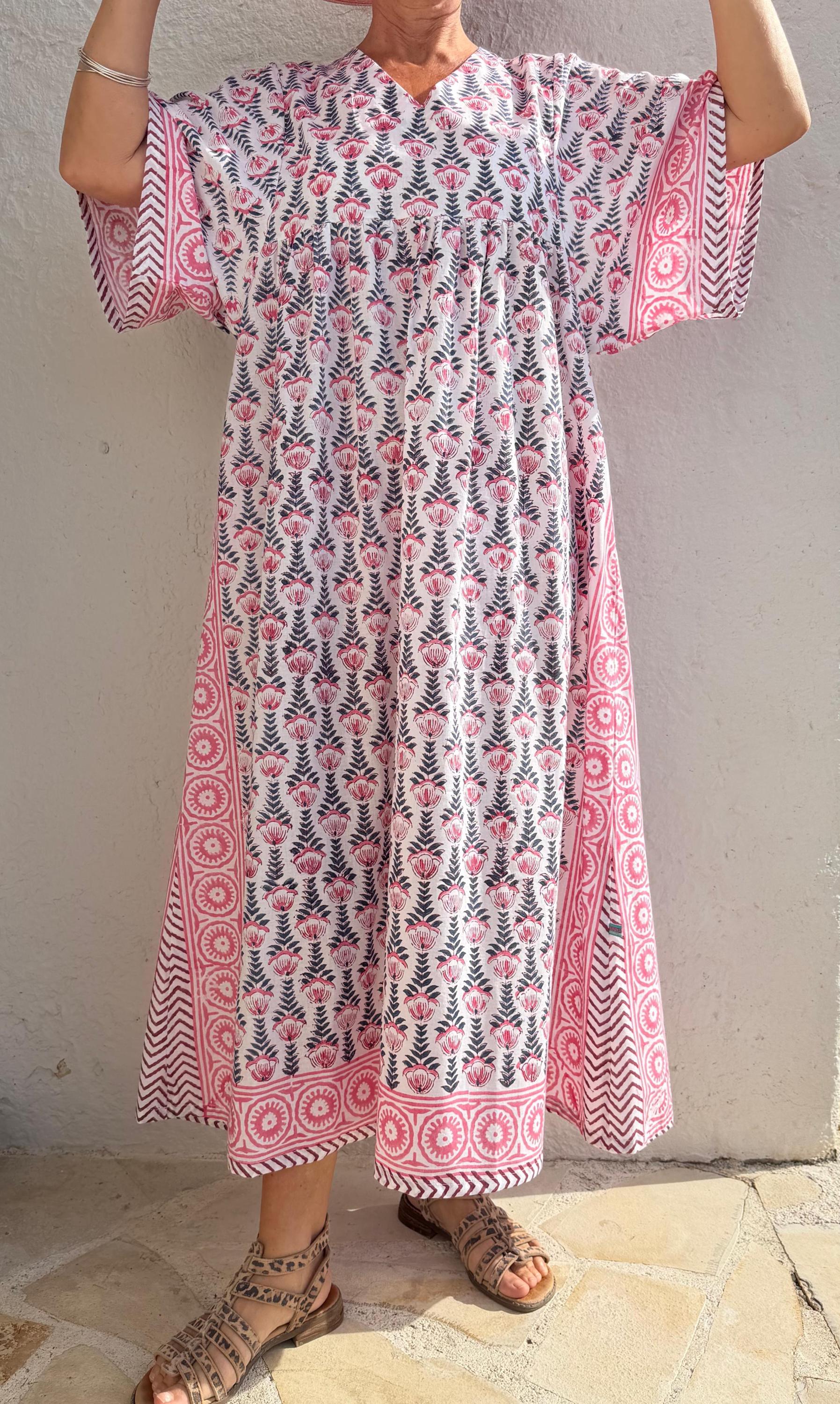 Oversized Soft Cotton Dress – Navy Blue Hand Block Print with Pink Border