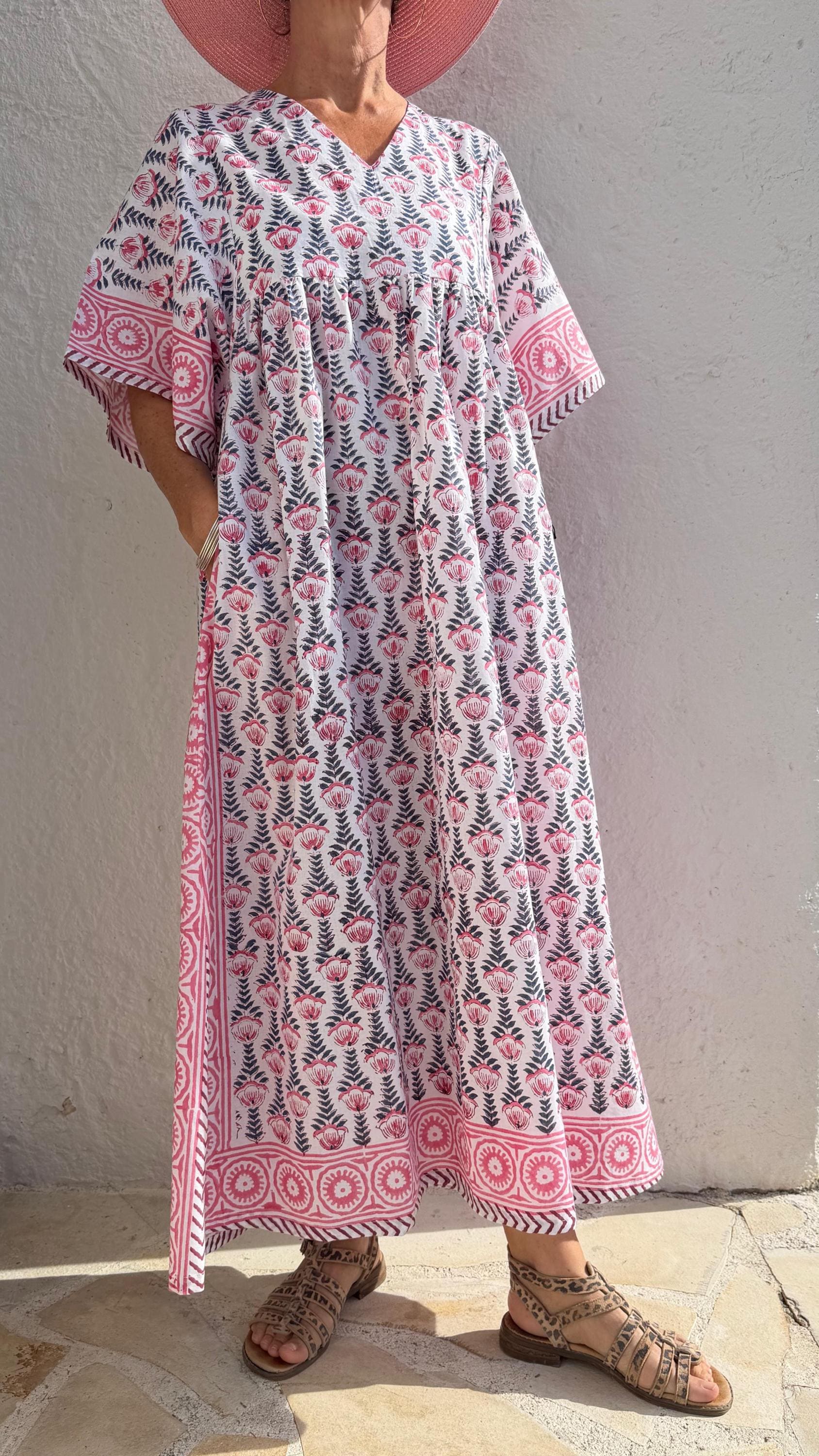 Oversized Soft Cotton Dress – Navy Blue Hand Block Print with Pink Border