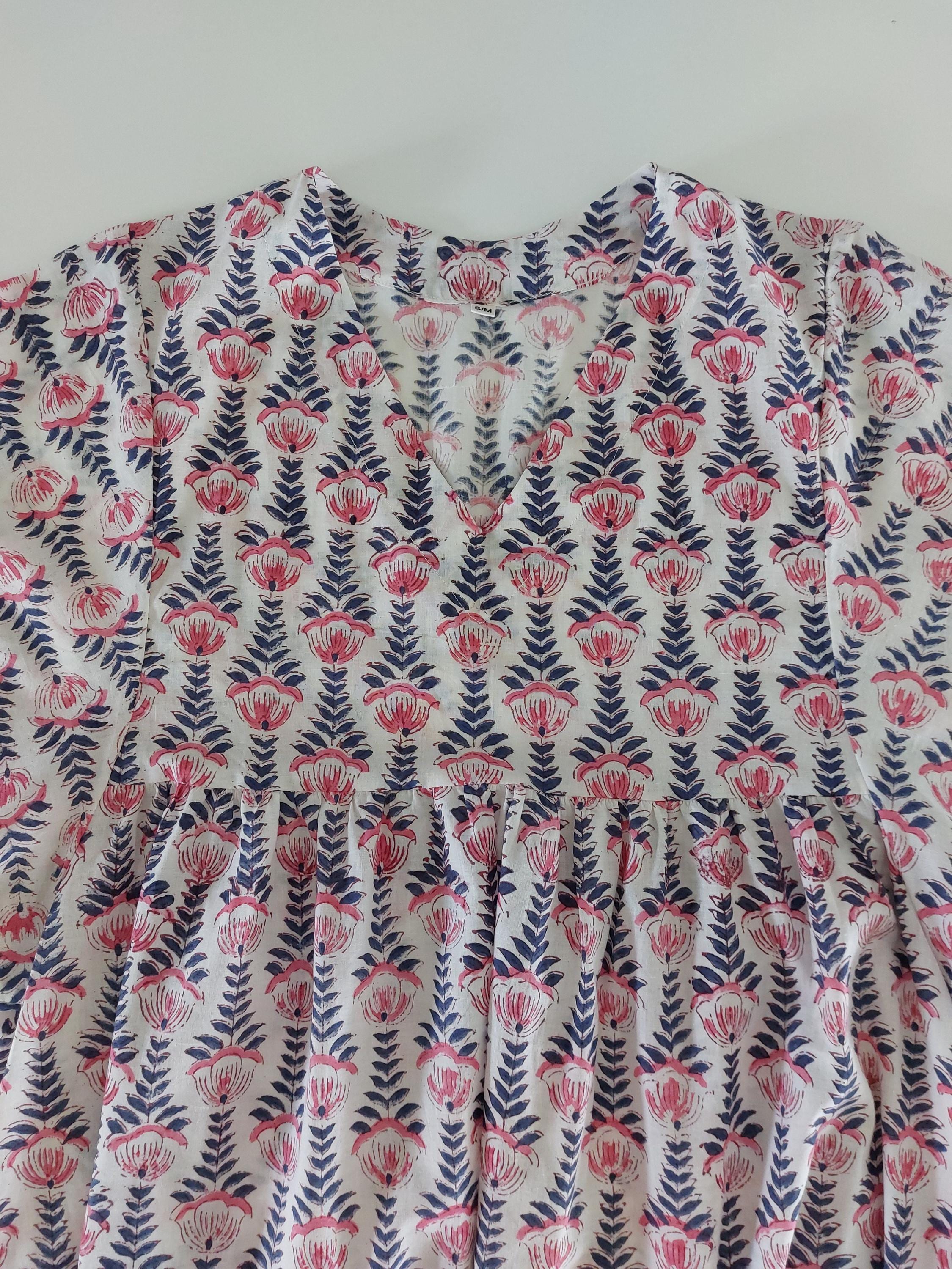 Oversized Soft Cotton Dress – Navy Blue Hand Block Print with Pink Border