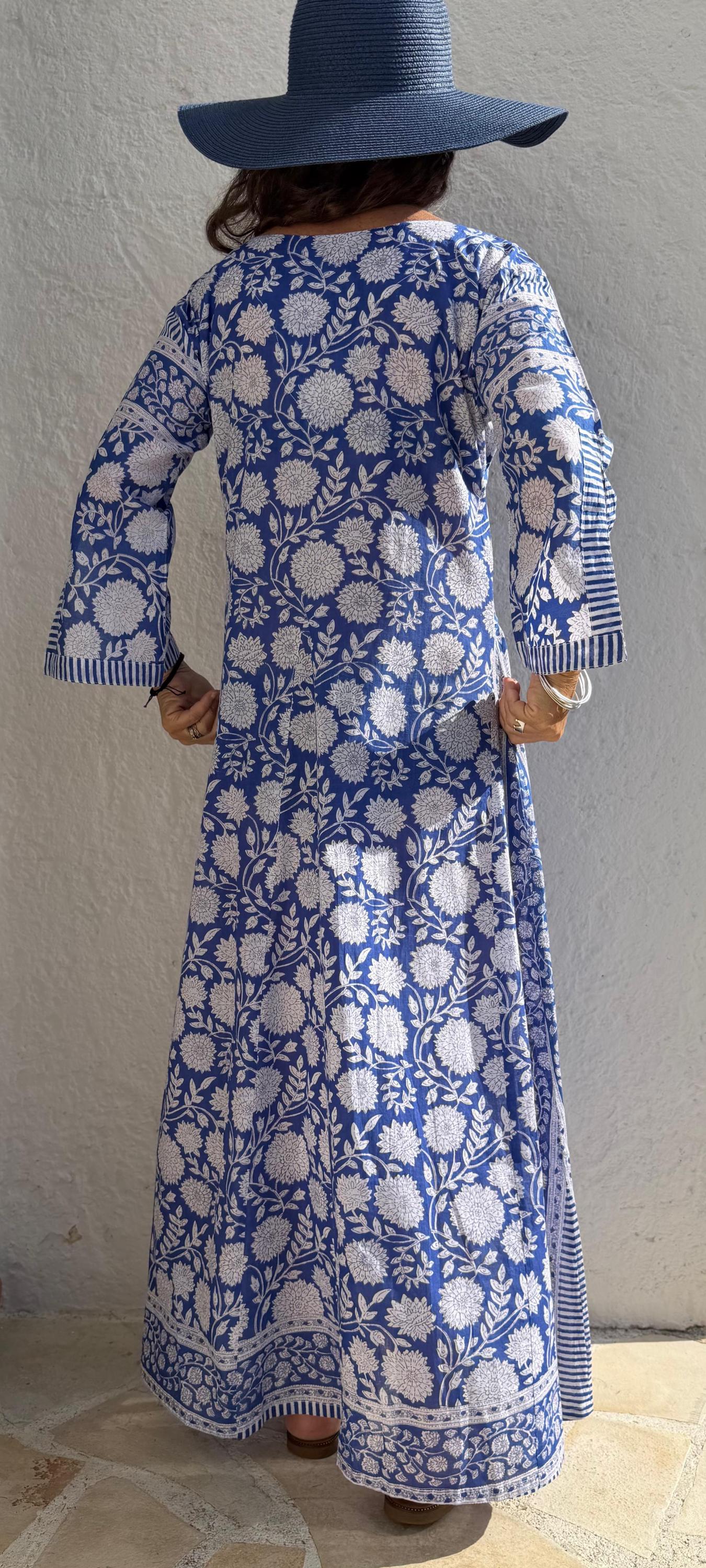 long kaftan in soft cotton,navy blue color,white flowers,summer boho chic dress,beach wear,flared sleeves