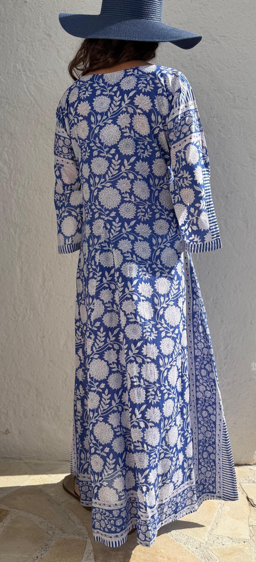long kaftan in soft cotton,navy blue color,white flowers,summer boho chic dress,beach wear,flared sleeves