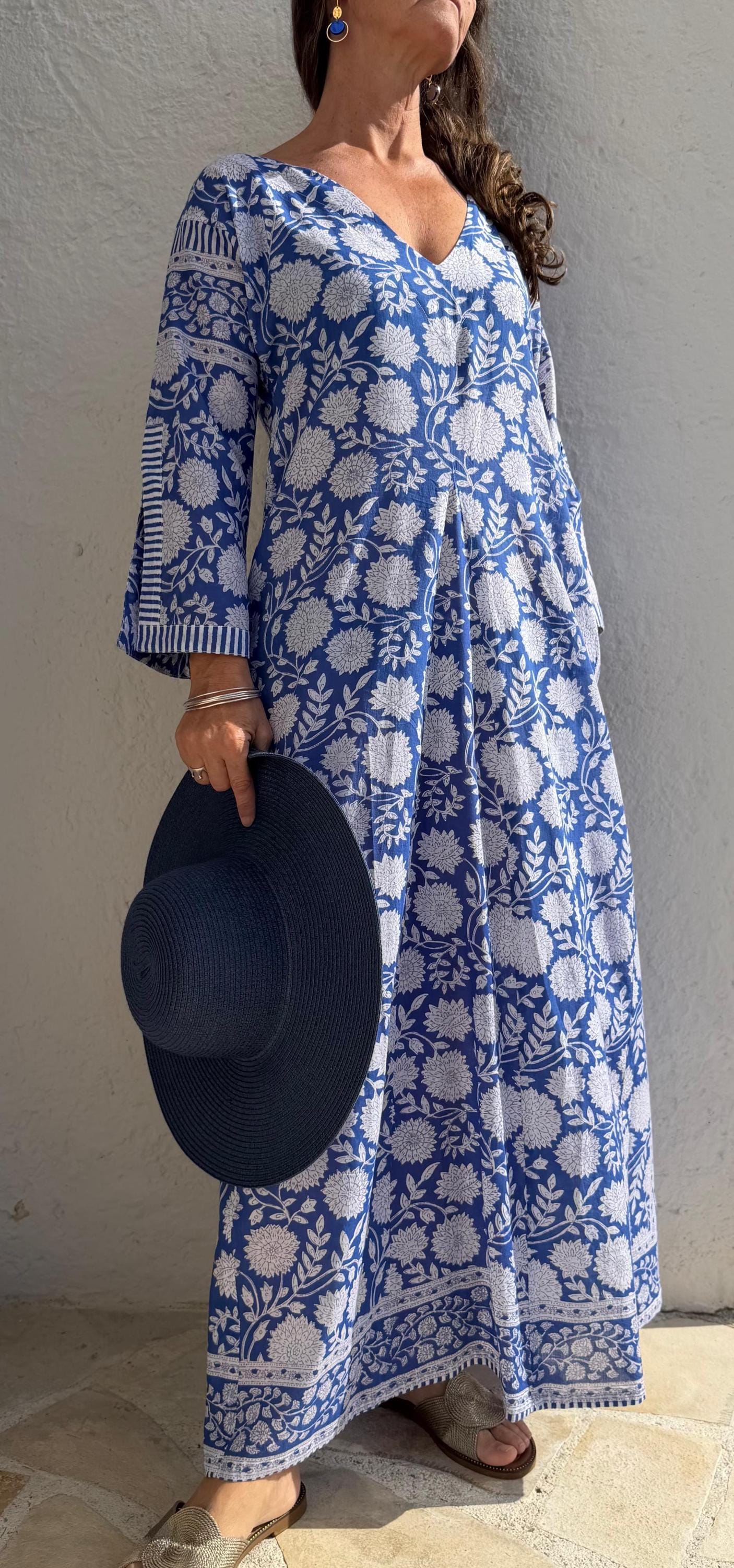 long kaftan in soft cotton,navy blue color,white flowers,summer boho chic dress,beach wear,flared sleeves