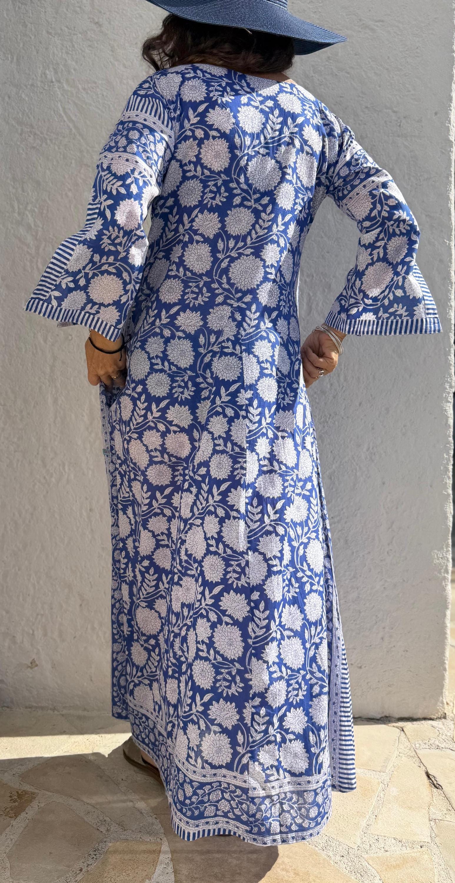 long kaftan in soft cotton,navy blue color,white flowers,summer boho chic dress,beach wear,flared sleeves