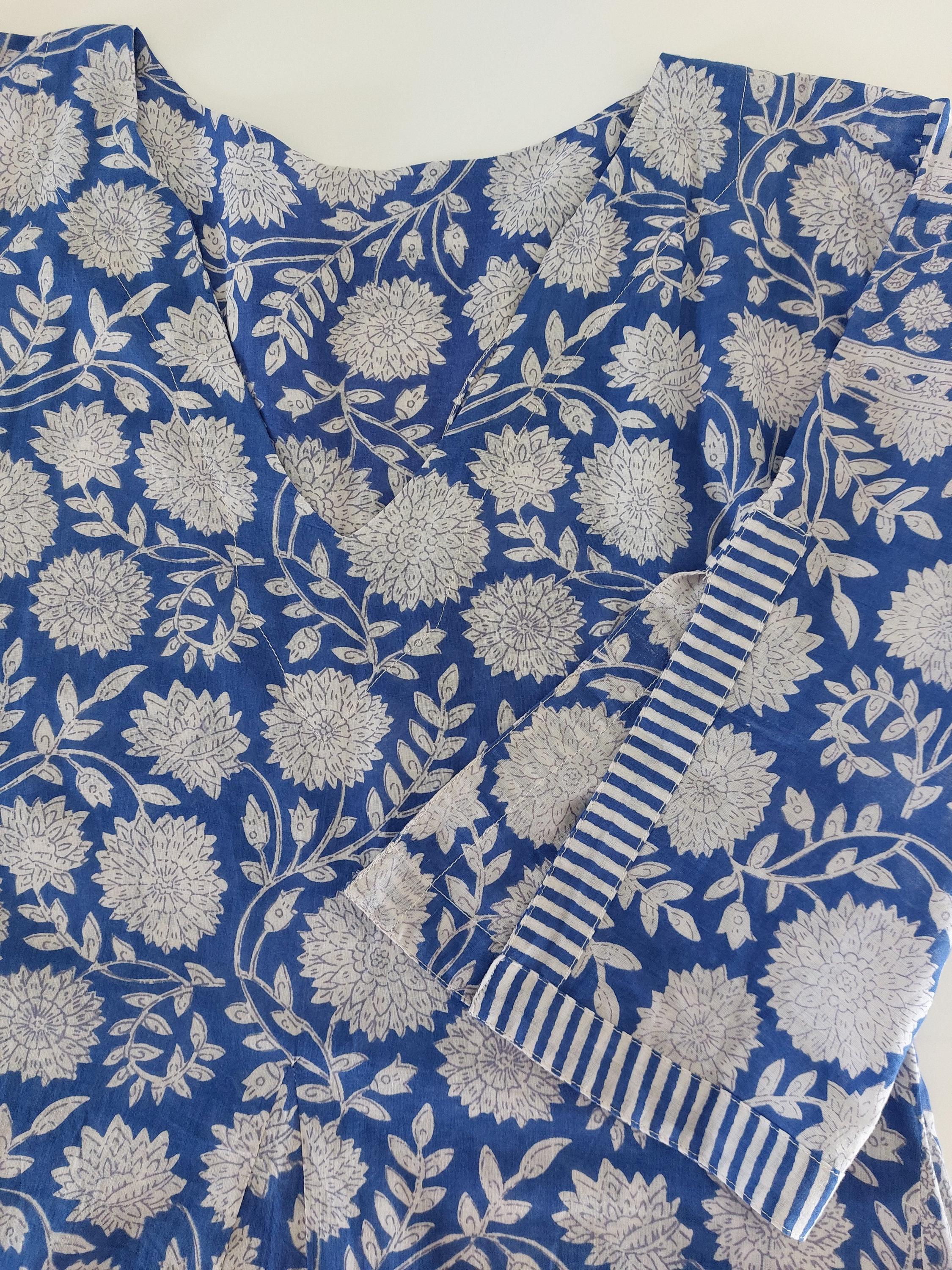 long kaftan in soft cotton,navy blue color,white flowers,summer boho chic dress,beach wear,flared sleeves