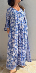 long kaftan in soft cotton,navy blue color,white flowers,summer boho chic dress,beach wear,flared sleeves