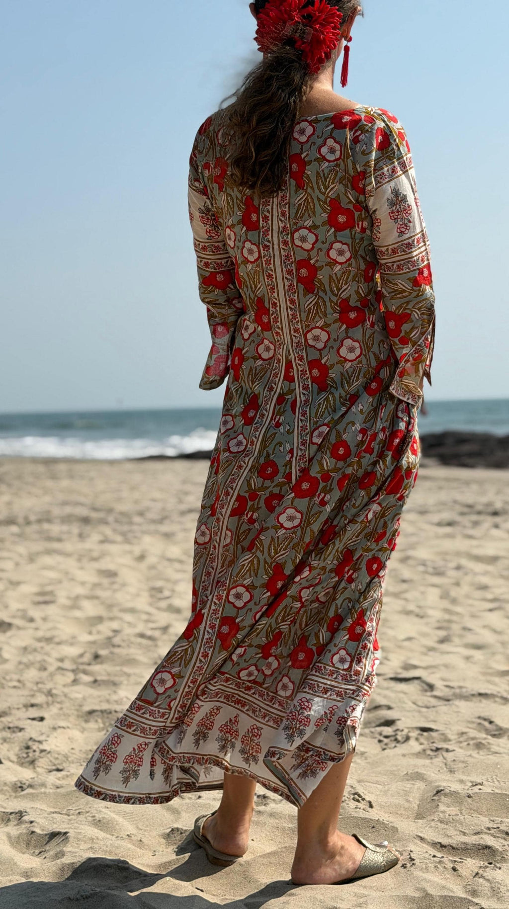 long kaftan in soft cotton,poppy pattern,red & green color,summer boho chic dress.