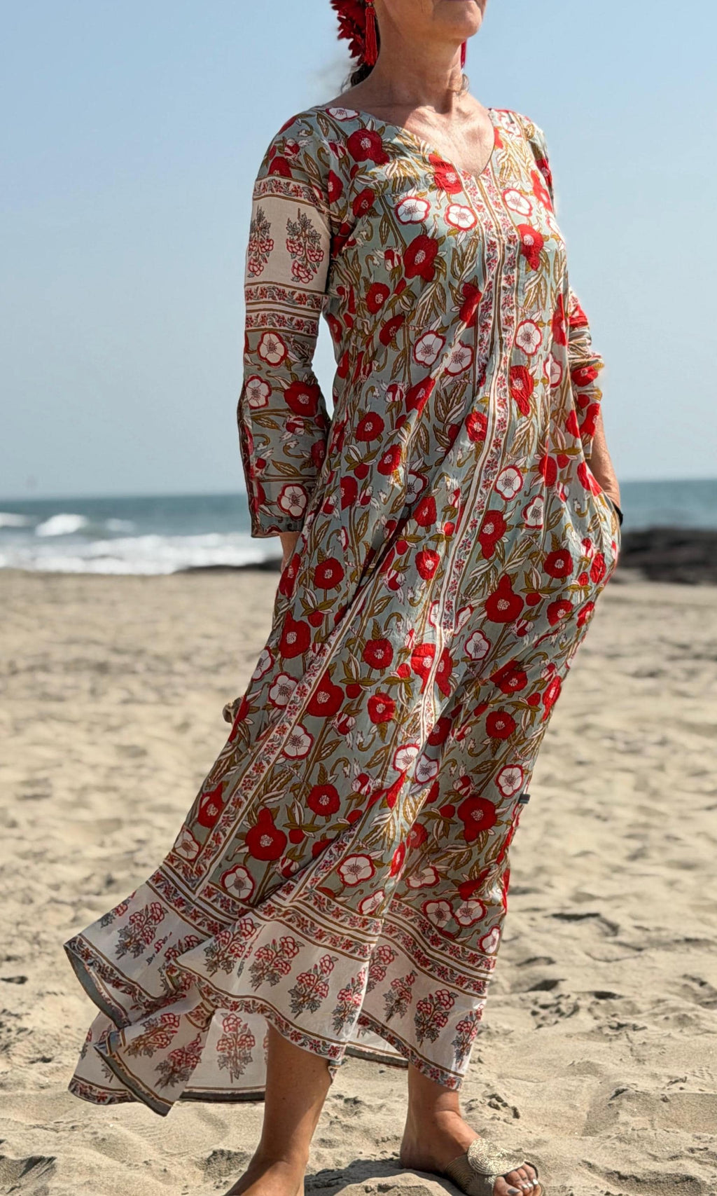 long kaftan in soft cotton,poppy pattern,red & green color,summer boho chic dress.