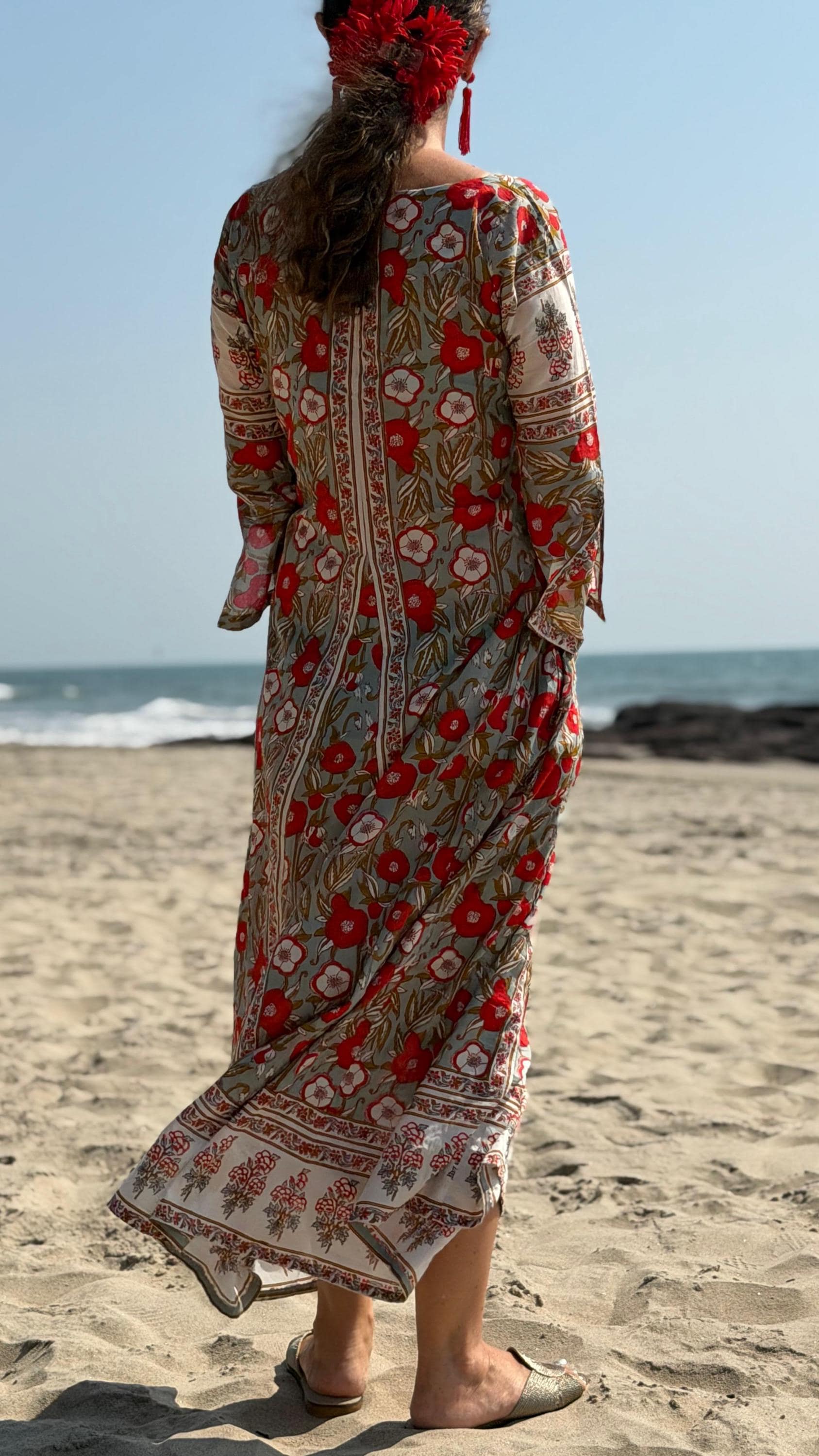 long kaftan in soft cotton,poppy pattern,red & green color,summer boho chic dress.