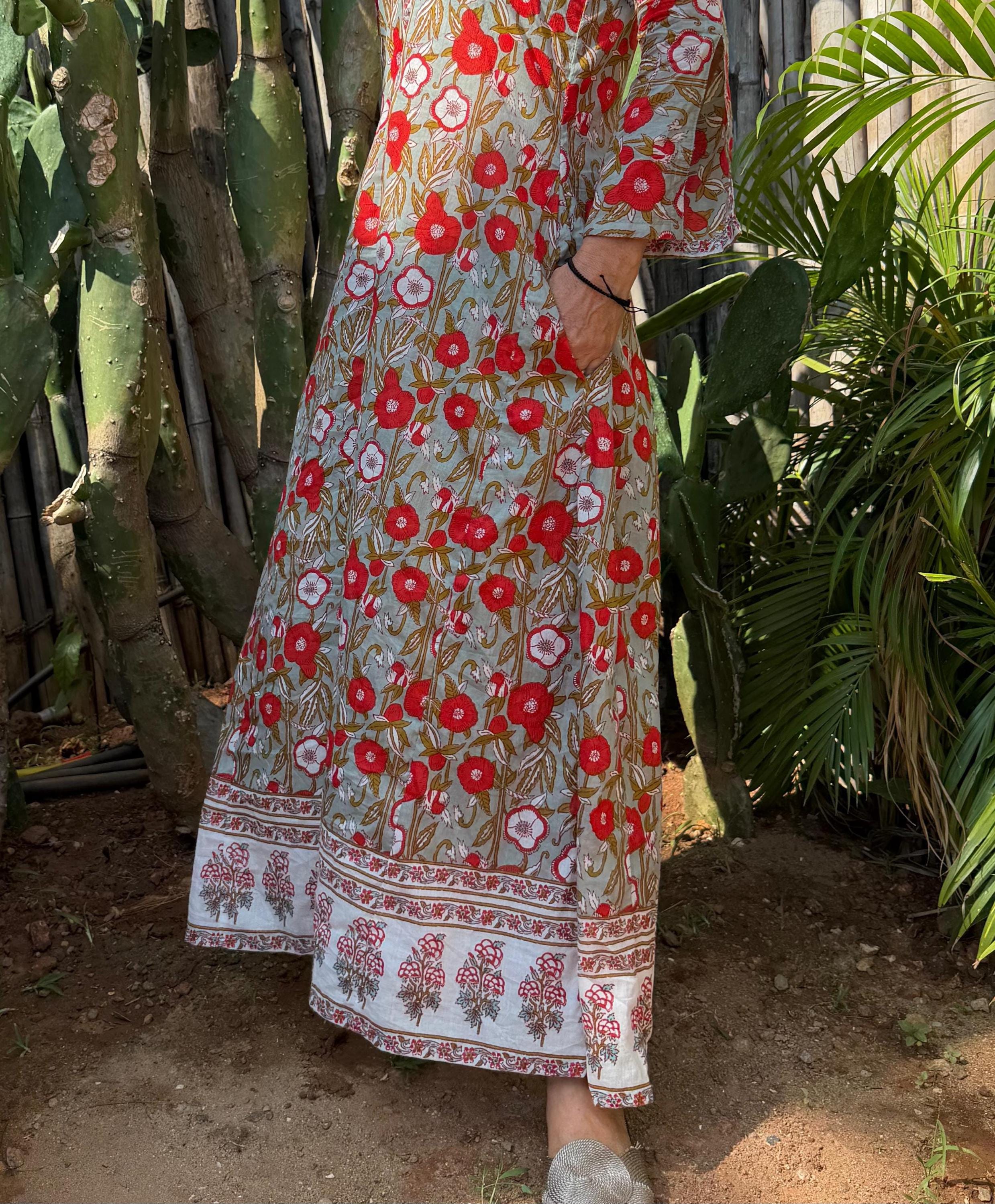long kaftan in soft cotton,poppy pattern,red & green color,summer boho chic dress.