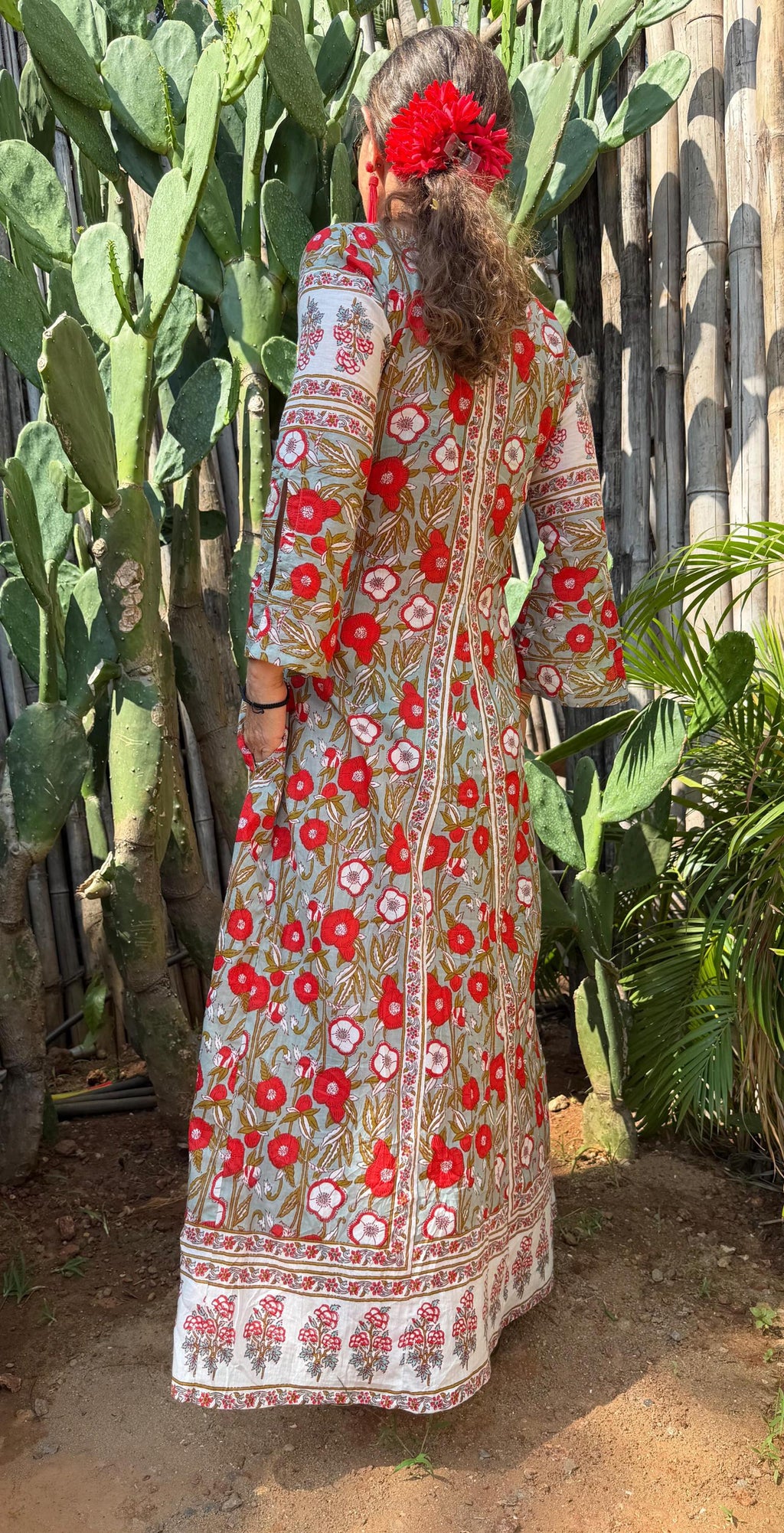 long kaftan in soft cotton,poppy pattern,red & green color,summer boho chic dress.