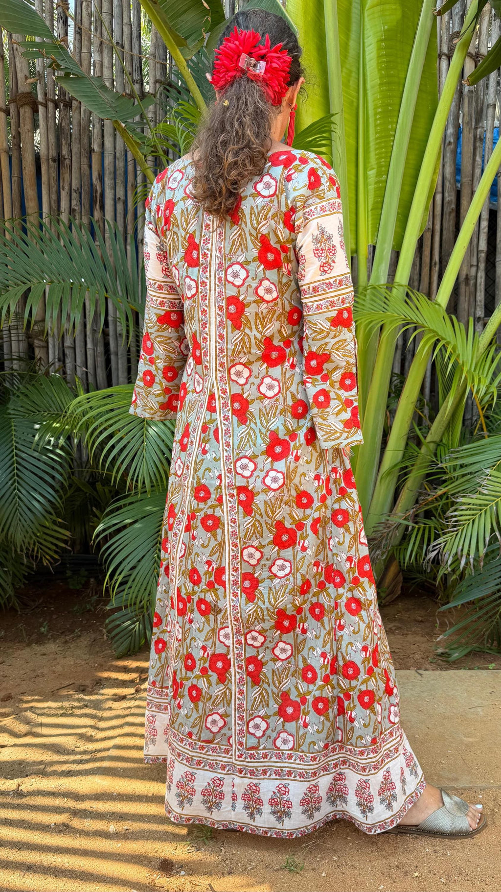 long kaftan in soft cotton,poppy pattern,red & green color,summer boho chic dress.