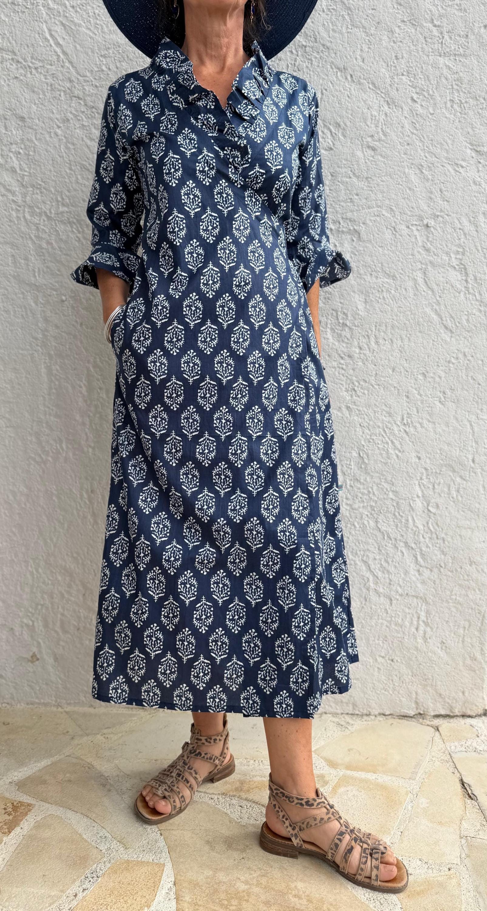 long wrap dress in soft cotton,navy blue color,diamond pattern,ruffled collar,3/4 sleeves,boho chic wedding outfit