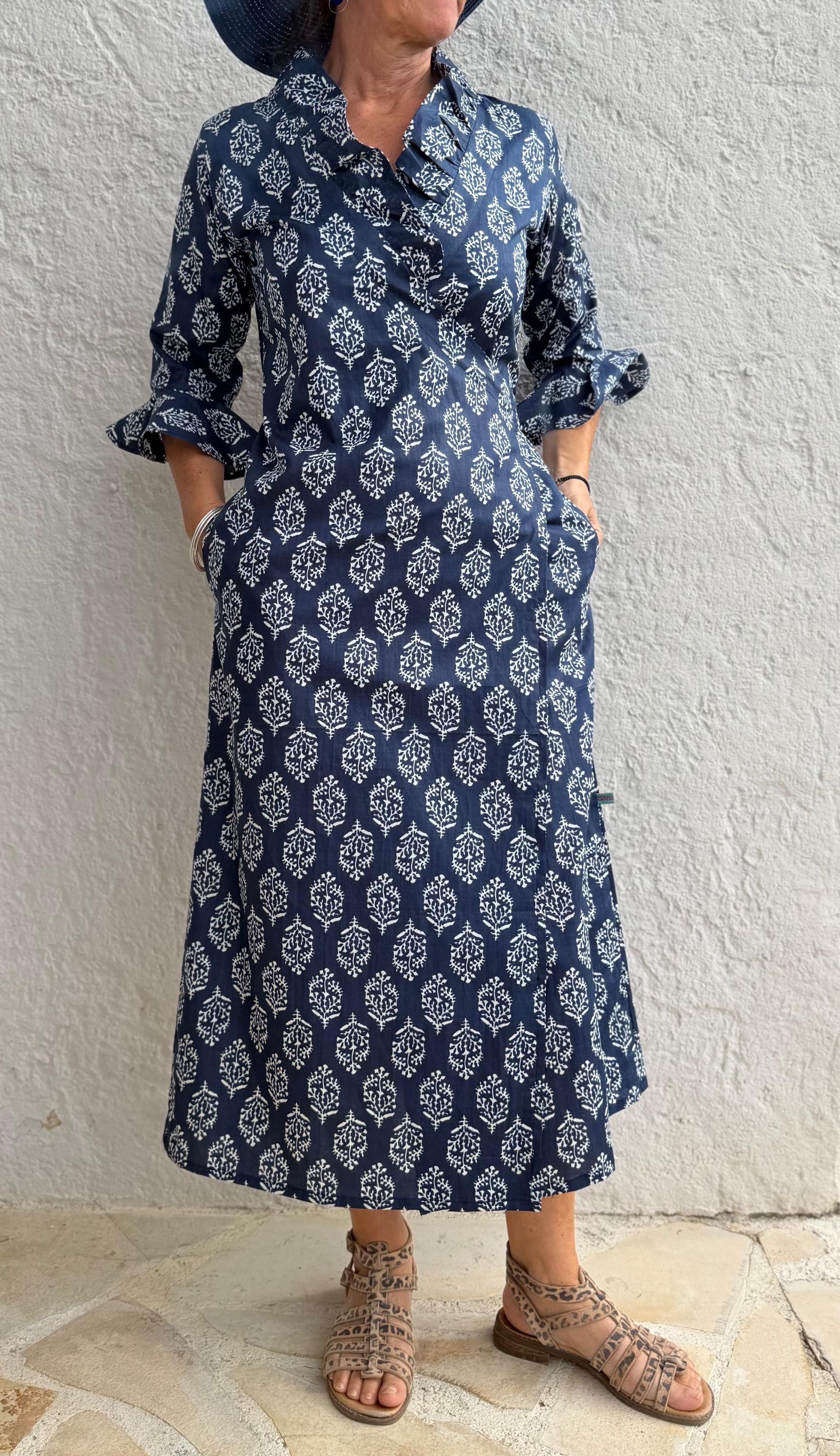long wrap dress in soft cotton,navy blue color,diamond pattern,ruffled collar,3/4 sleeves,boho chic wedding outfit