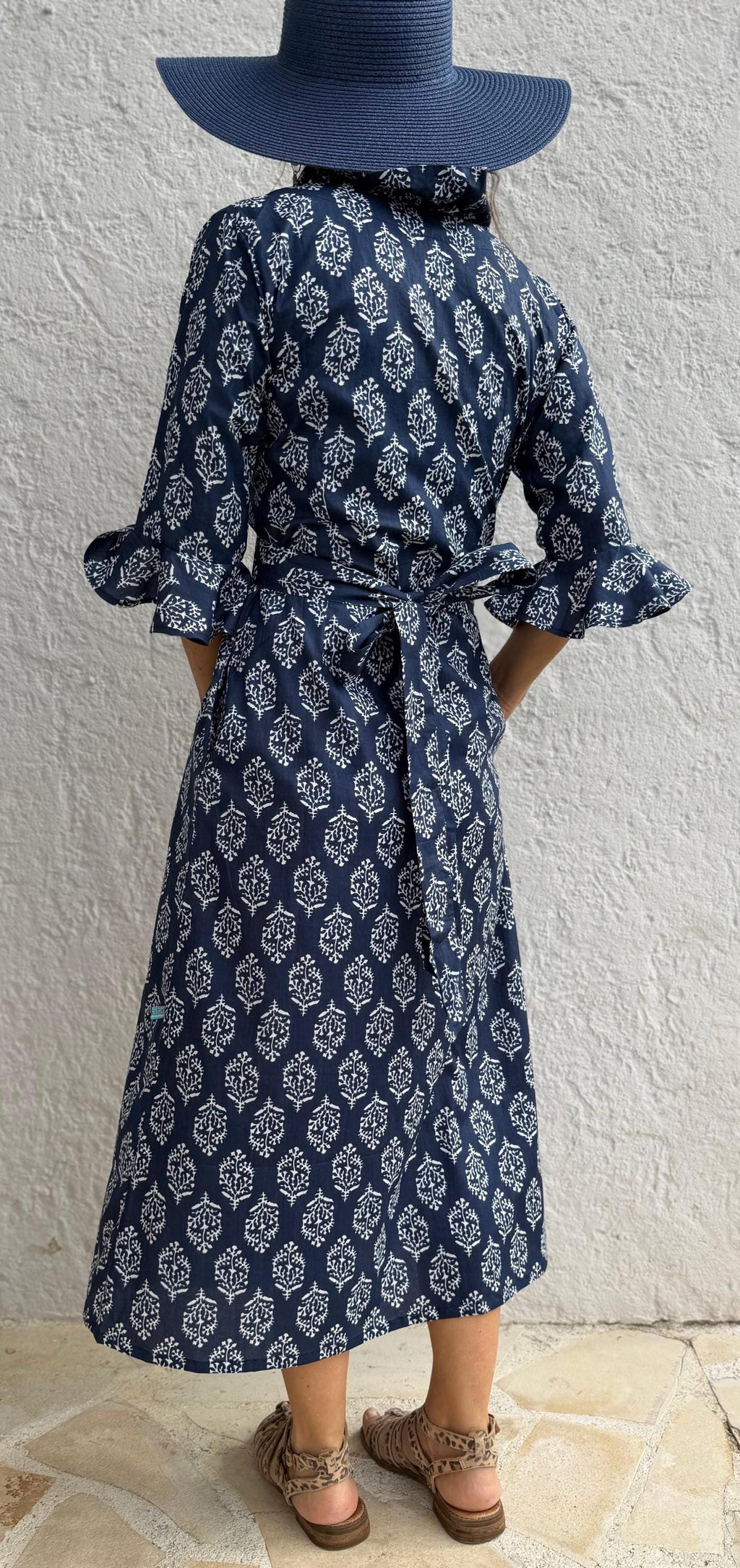long wrap dress in soft cotton,navy blue color,diamond pattern,ruffled collar,3/4 sleeves,boho chic wedding outfit