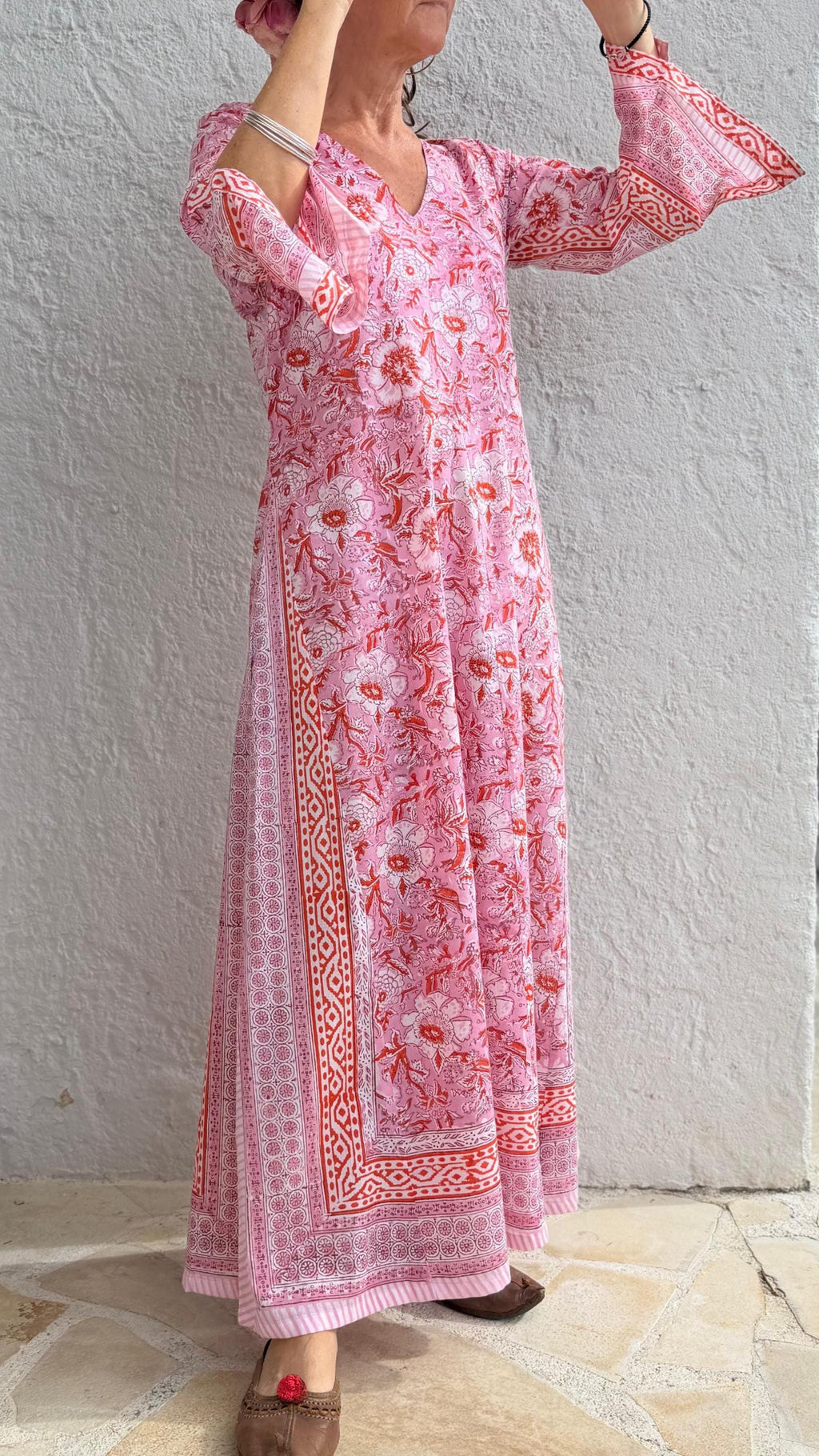 long kaftan in soft cotton, light pink color and orange flowers,beach outfit,summer dress bohochic