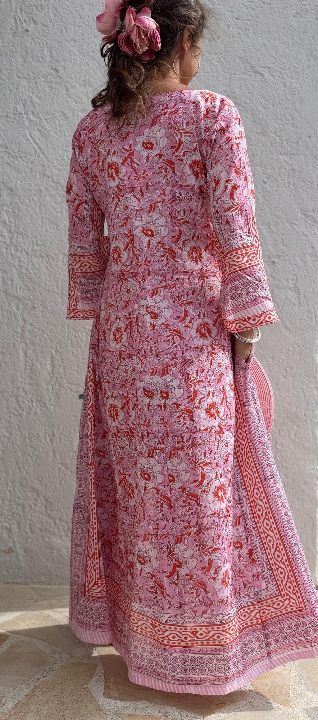 long kaftan in soft cotton, light pink color and orange flowers,beach outfit,summer dress bohochic