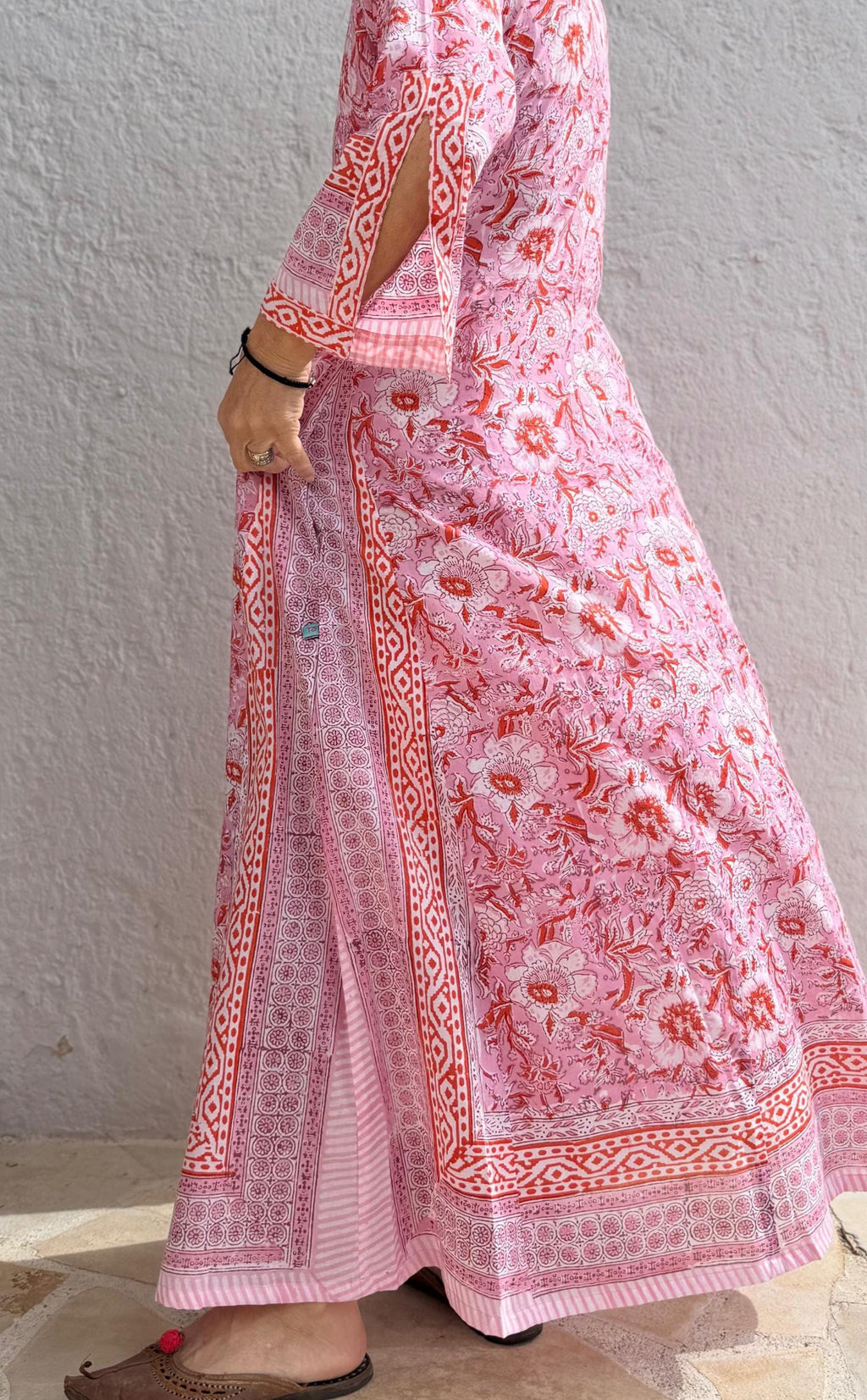 long kaftan in soft cotton, light pink color and orange flowers,beach outfit,summer dress bohochic