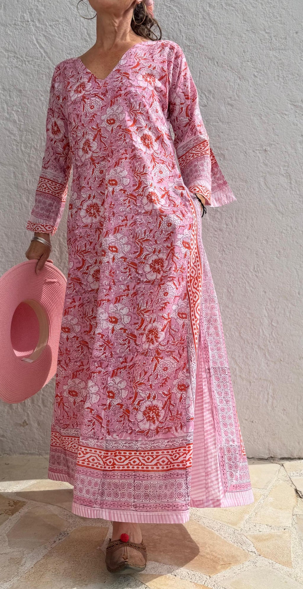 long kaftan in soft cotton, light pink color and orange flowers,beach outfit,summer dress bohochic