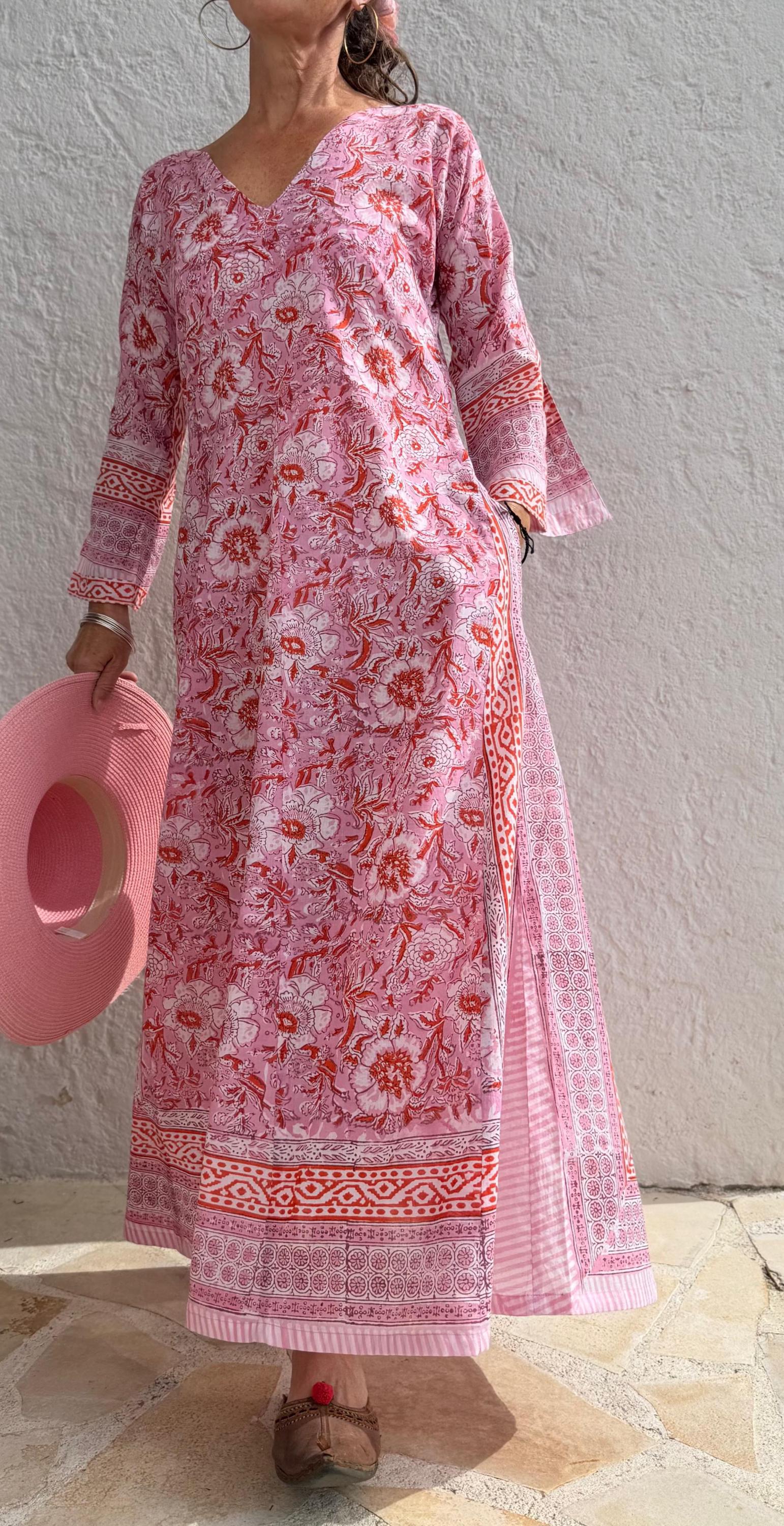 long kaftan in soft cotton, light pink color and orange flowers,beach outfit,summer dress bohochic