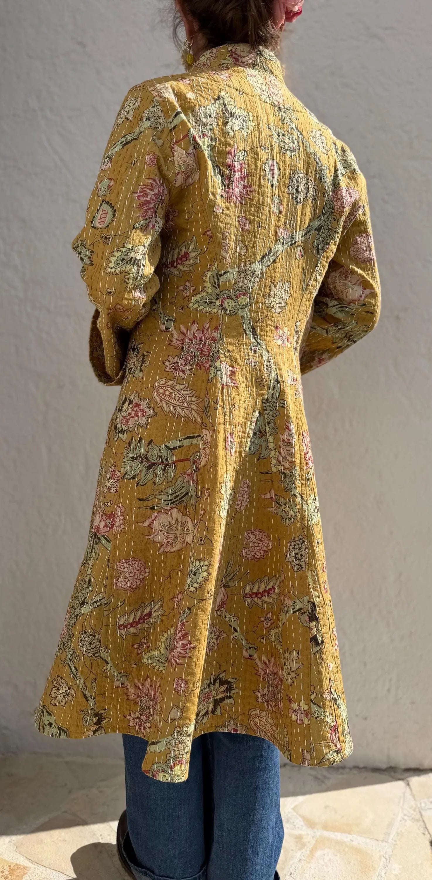 frock coat in cotton not quilted,solar yellow color,floral pattern,pink hydrangea print,shell buttons,boheme and chic outfit,hand embroidery