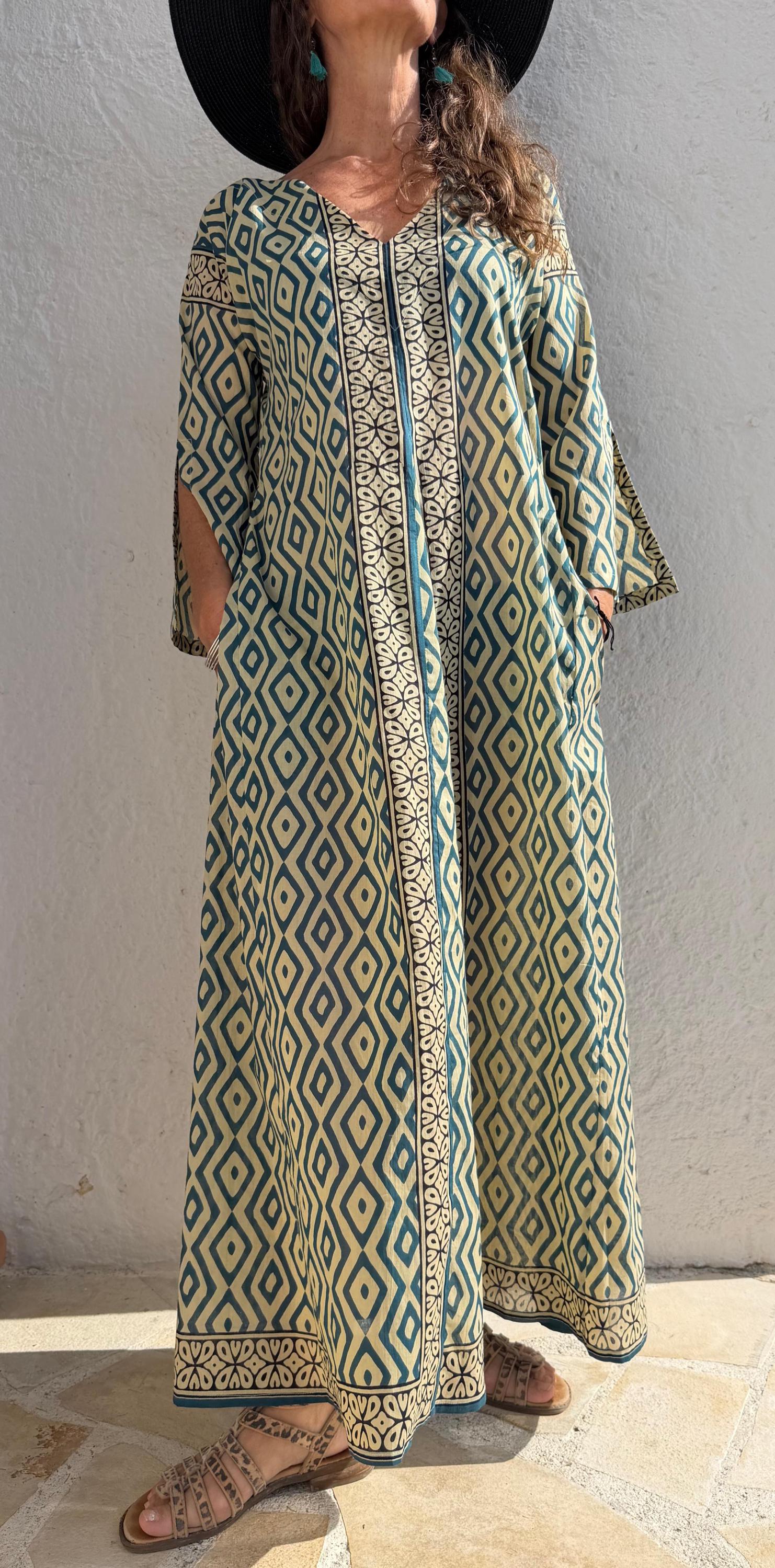 long kaftan in soft cotton,beige color,geometric blue pattern,summer outfit,flared shape,beach party dress