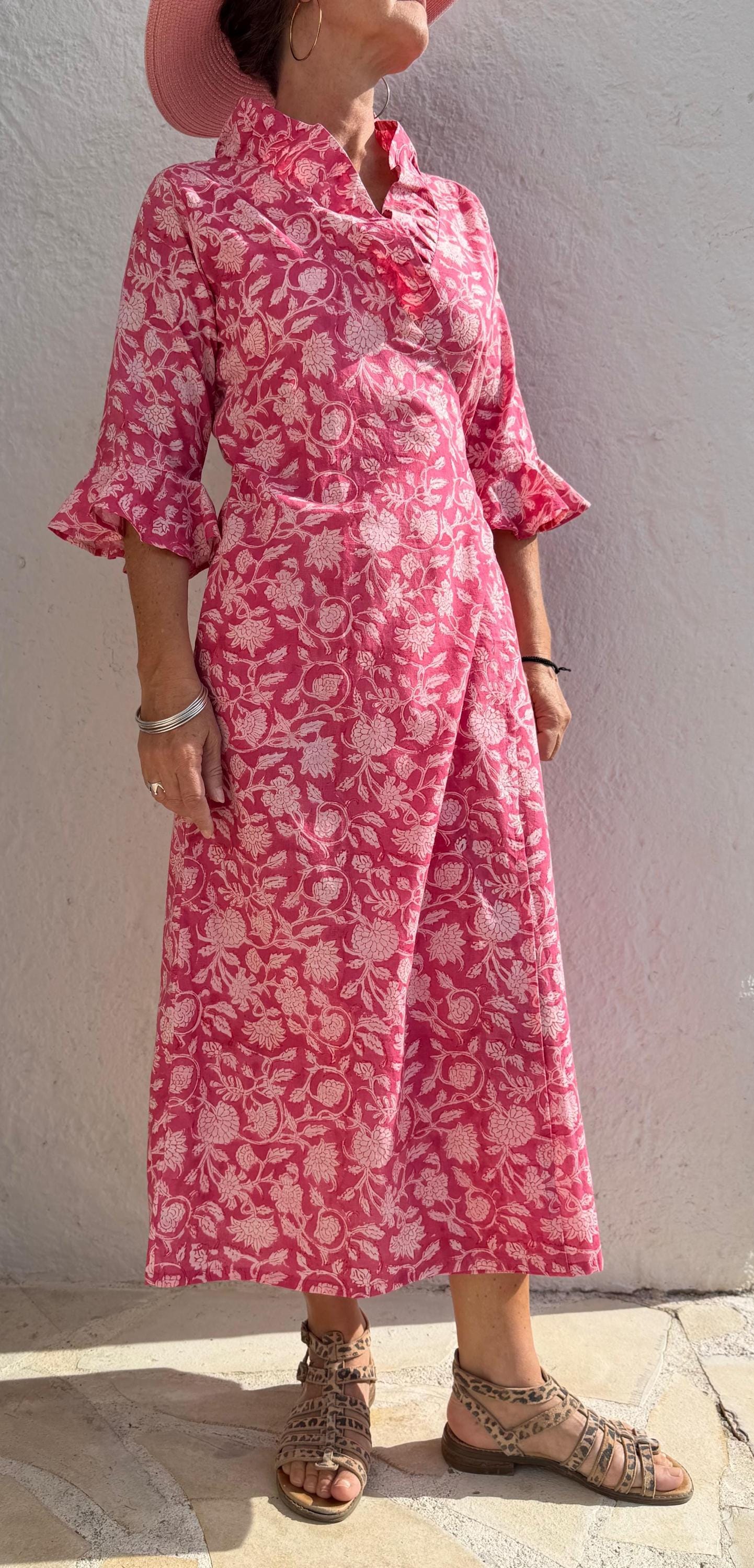 long wrap dress in cotton,pink floral print,ruffled collar,3/4 sleeves with ruffles,kimono shape,hippie chic dress,wedding outfit