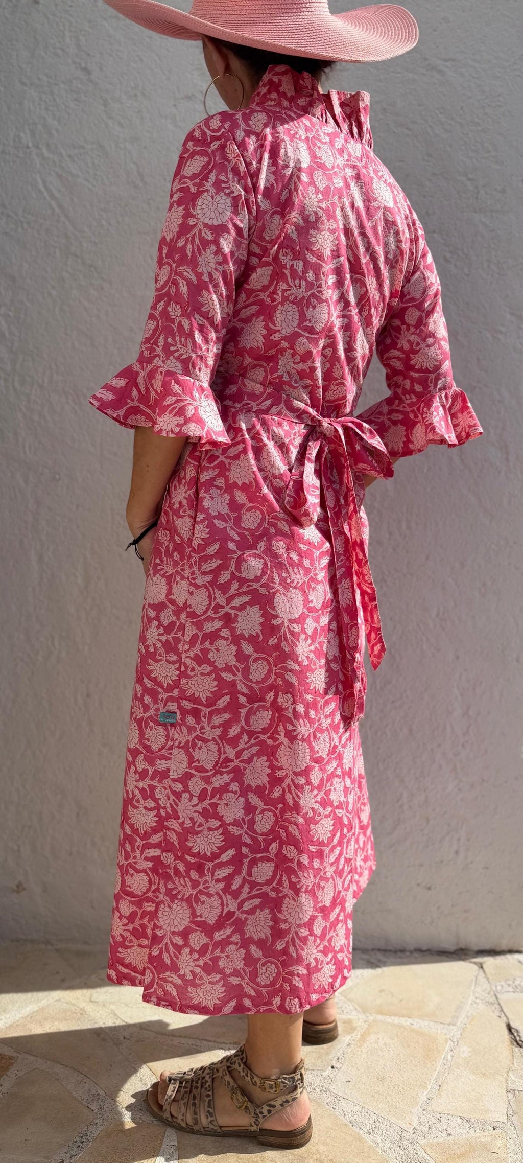 long wrap dress in cotton,pink floral print,ruffled collar,3/4 sleeves with ruffles,kimono shape,hippie chic dress,wedding outfit