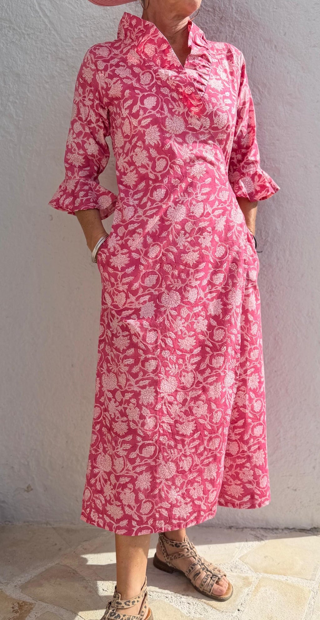 long wrap dress in cotton,pink floral print,ruffled collar,3/4 sleeves with ruffles,kimono shape,hippie chic dress,wedding outfit