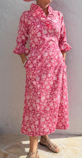 long wrap dress in cotton,pink floral print,ruffled collar,3/4 sleeves with ruffles,kimono shape,hippie chic dress,wedding outfit